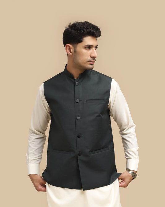 Army Green Suiting Waistcoat - Straight Cut Buttoned - Men