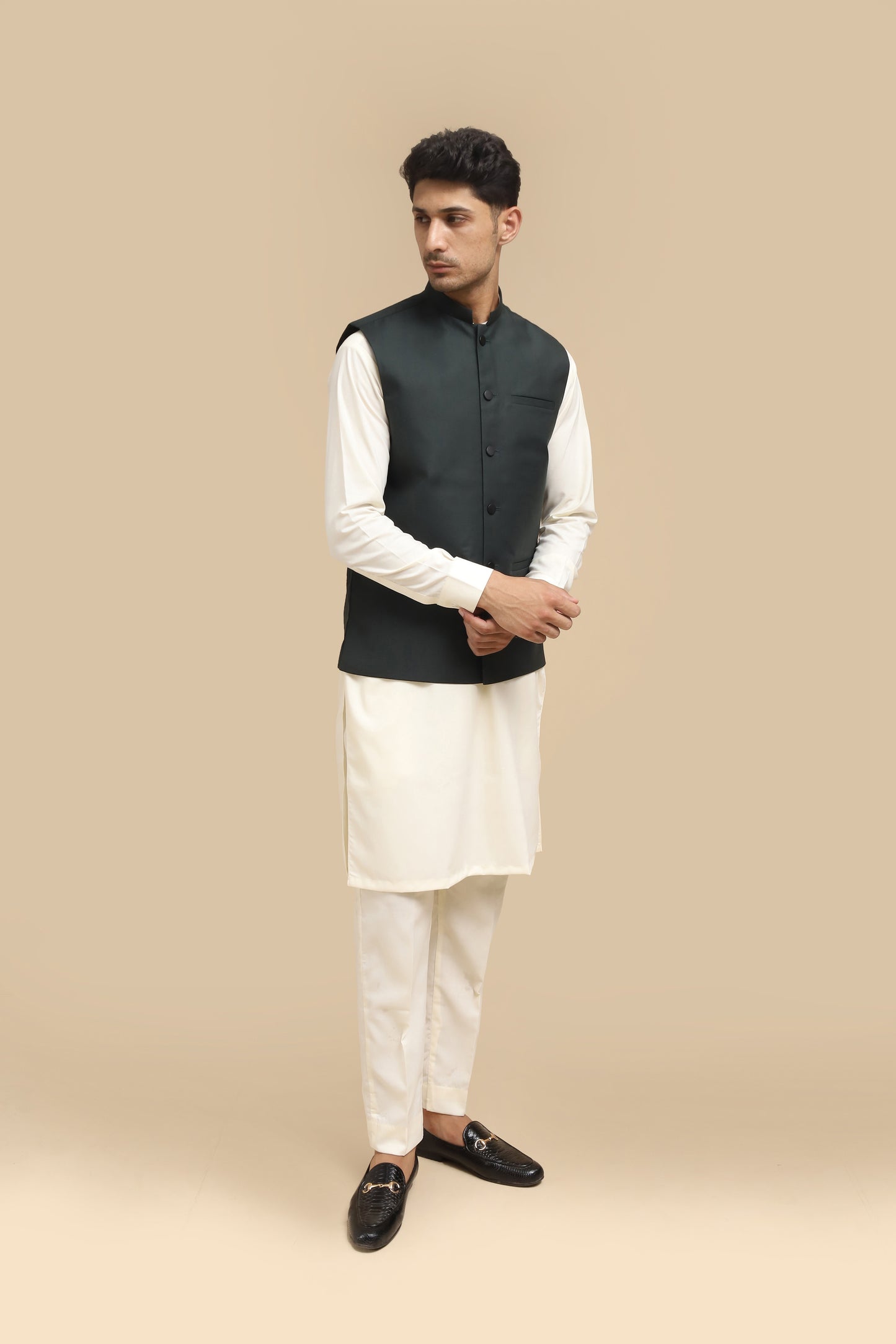 Bosky Kurta Trouser with Army Green Suiting Waistcoat - Straight Cut - Men