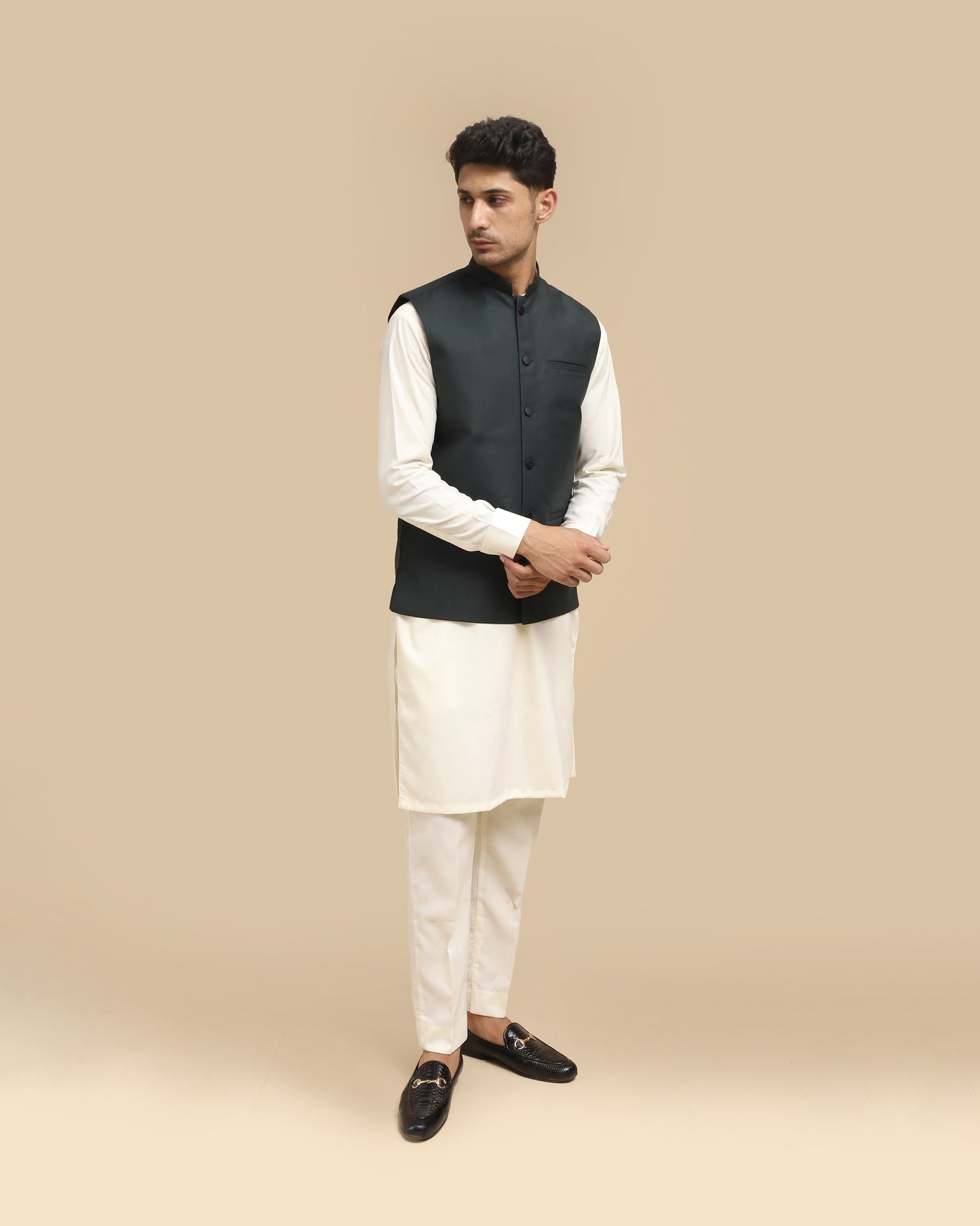 Army Green Suiting Waistcoat - Straight Cut Buttoned - Men