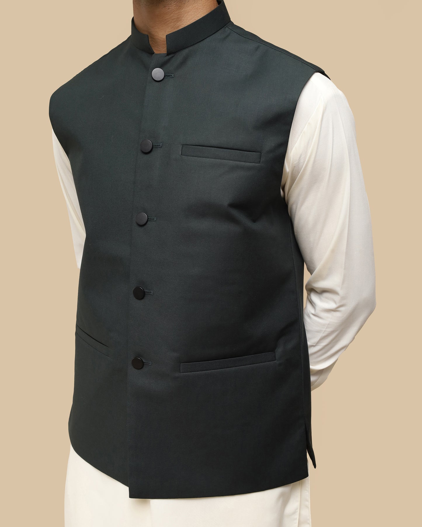 Army Green Suiting Waistcoat - Straight Cut Buttoned - Men