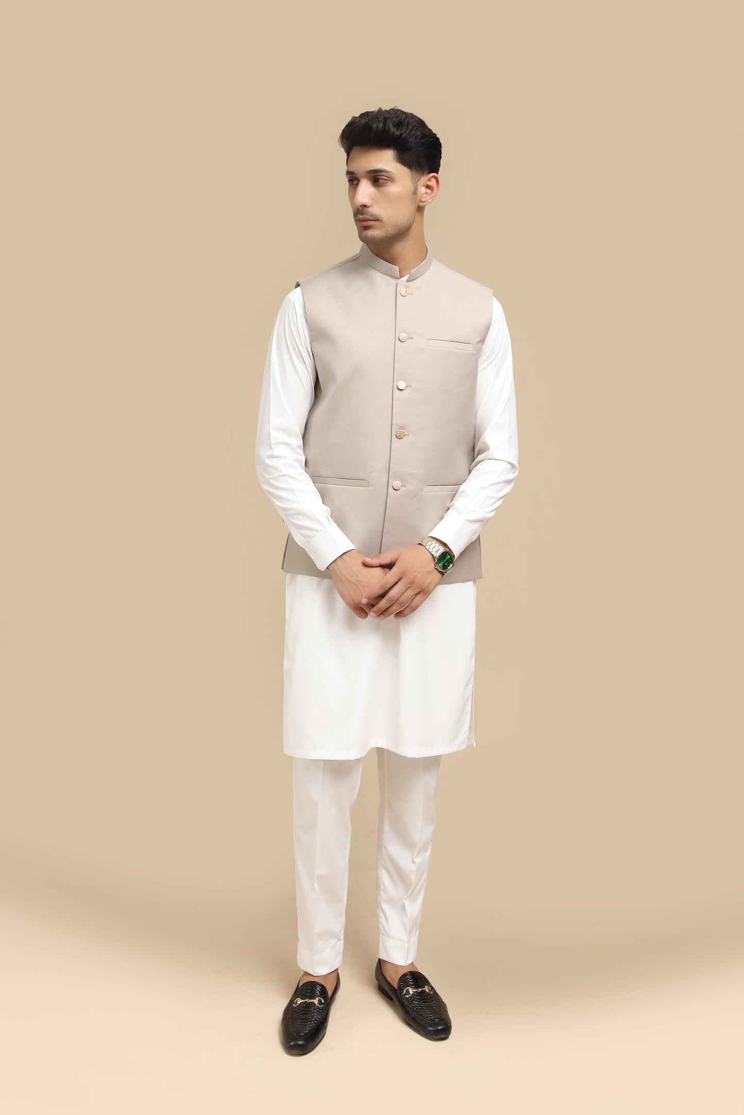 Off White Kurta Trouser with Beige Suiting Waistcoat - Straight Cut - Men