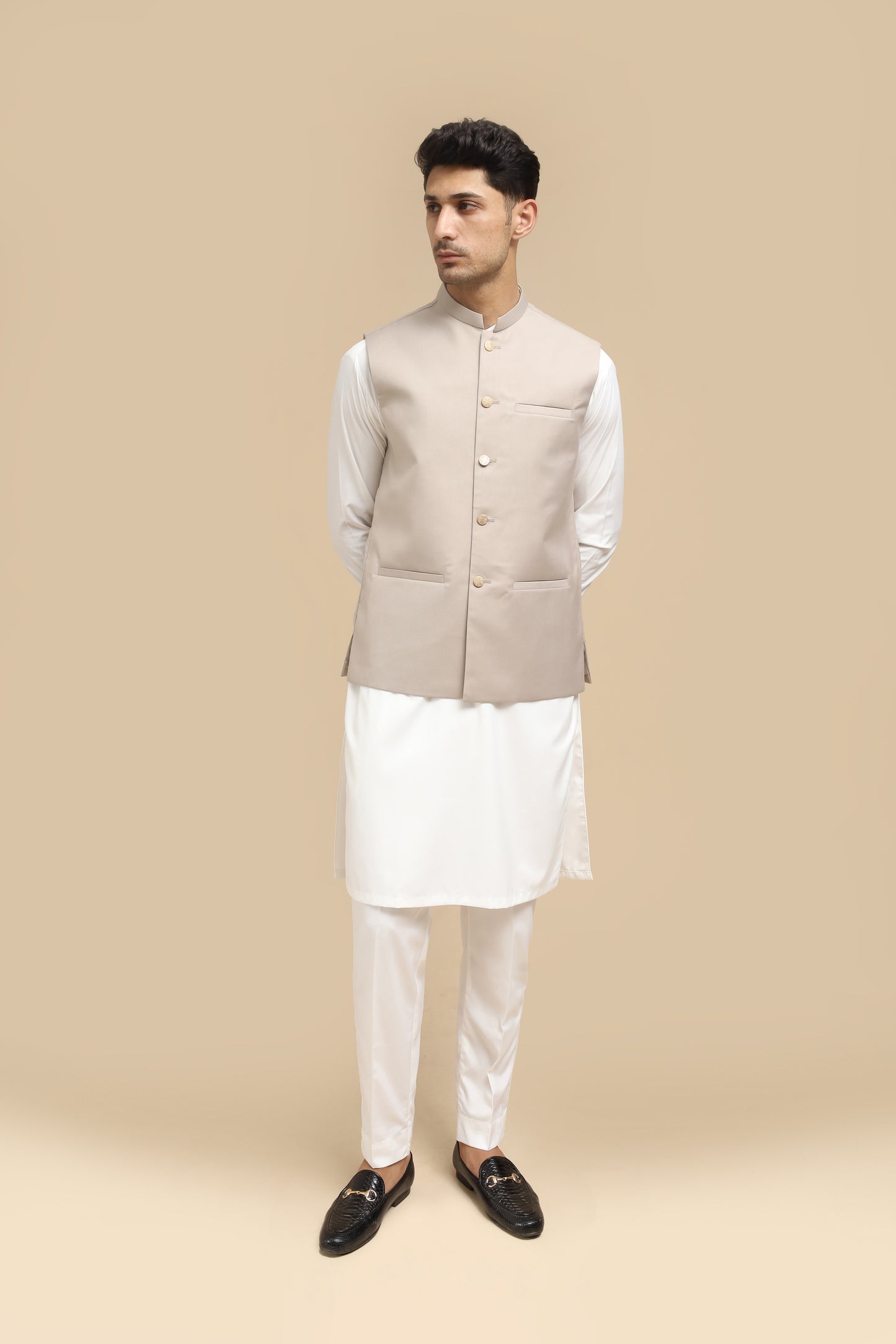 Off White Kurta Trouser with Beige Suiting Waistcoat - Straight Cut - Men