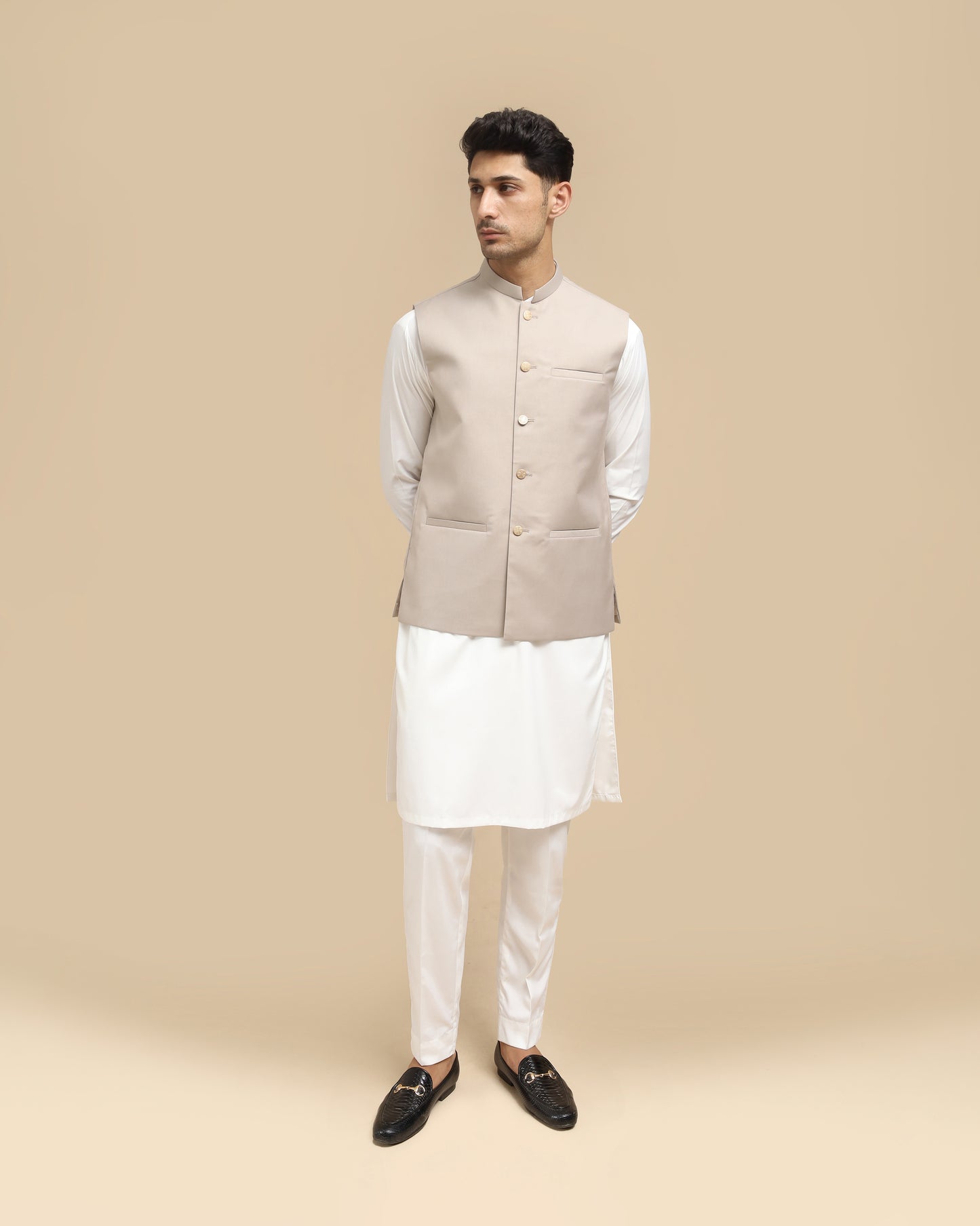 Beige Suiting Waistcoat - Straight Cut Buttoned - Men