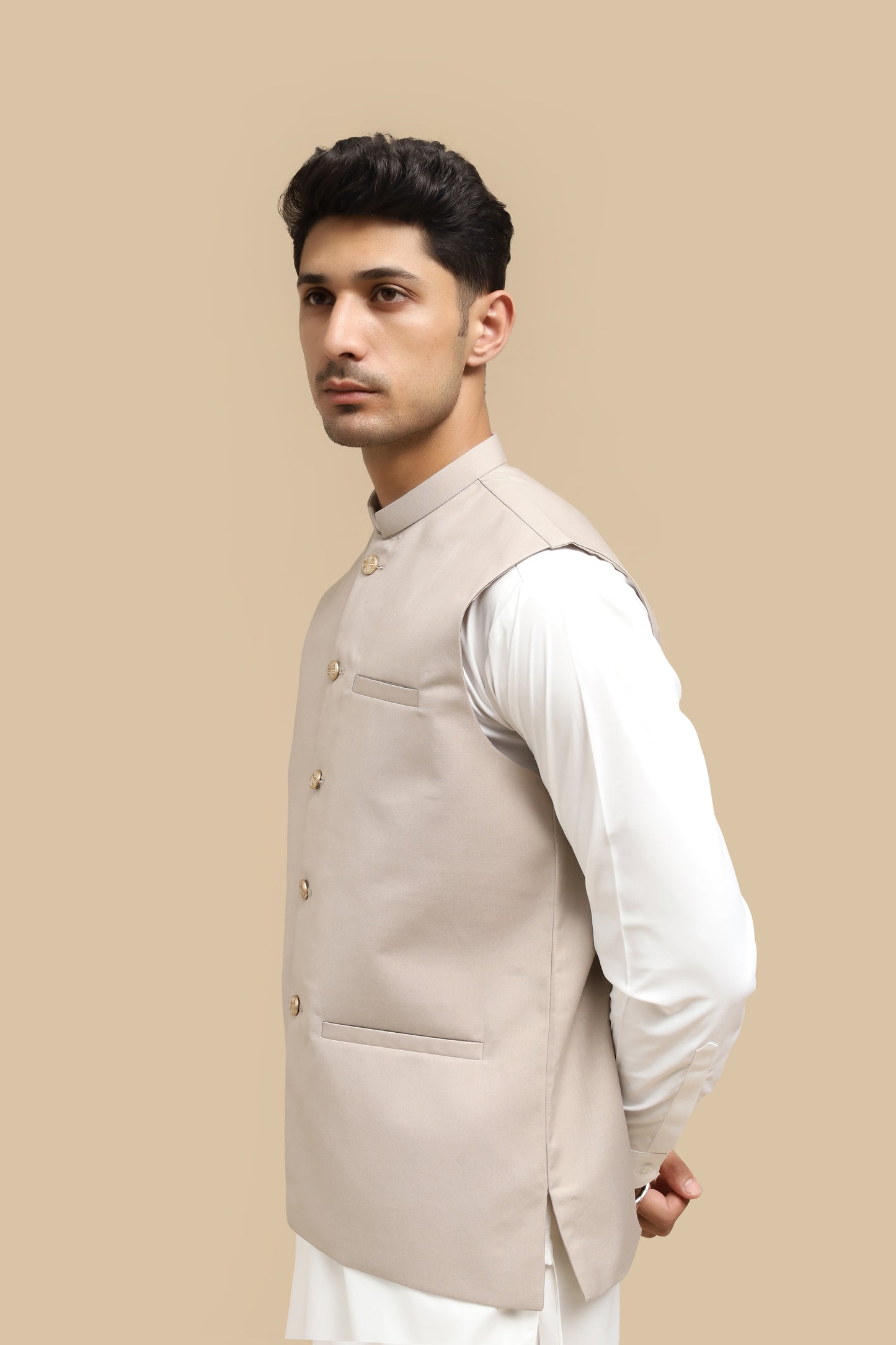 Off White Kurta Trouser with Beige Suiting Waistcoat - Straight Cut - Men