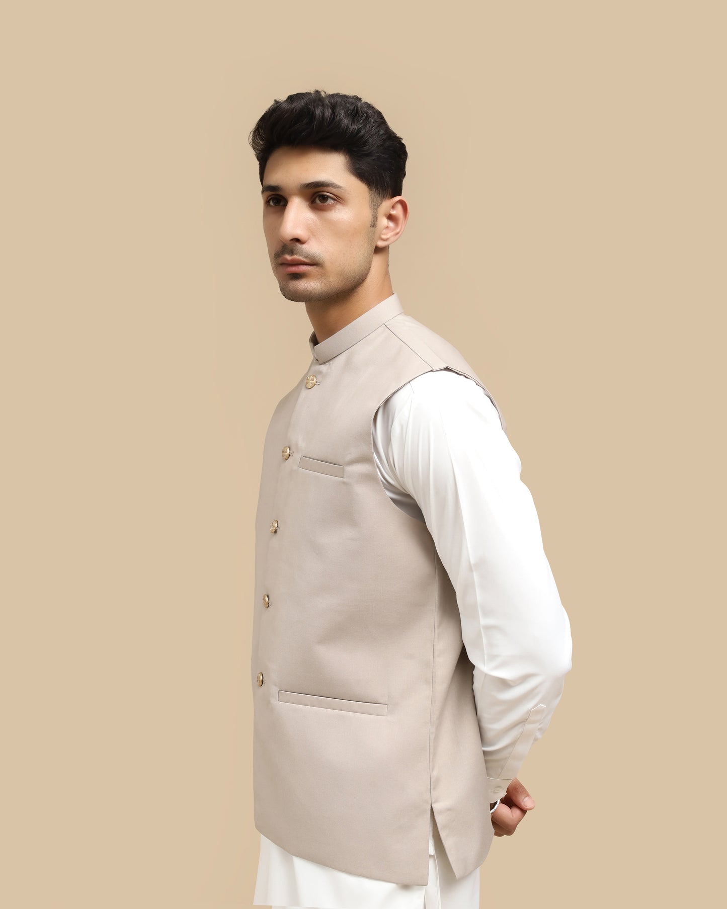 Beige Suiting Waistcoat - Straight Cut Buttoned - Men