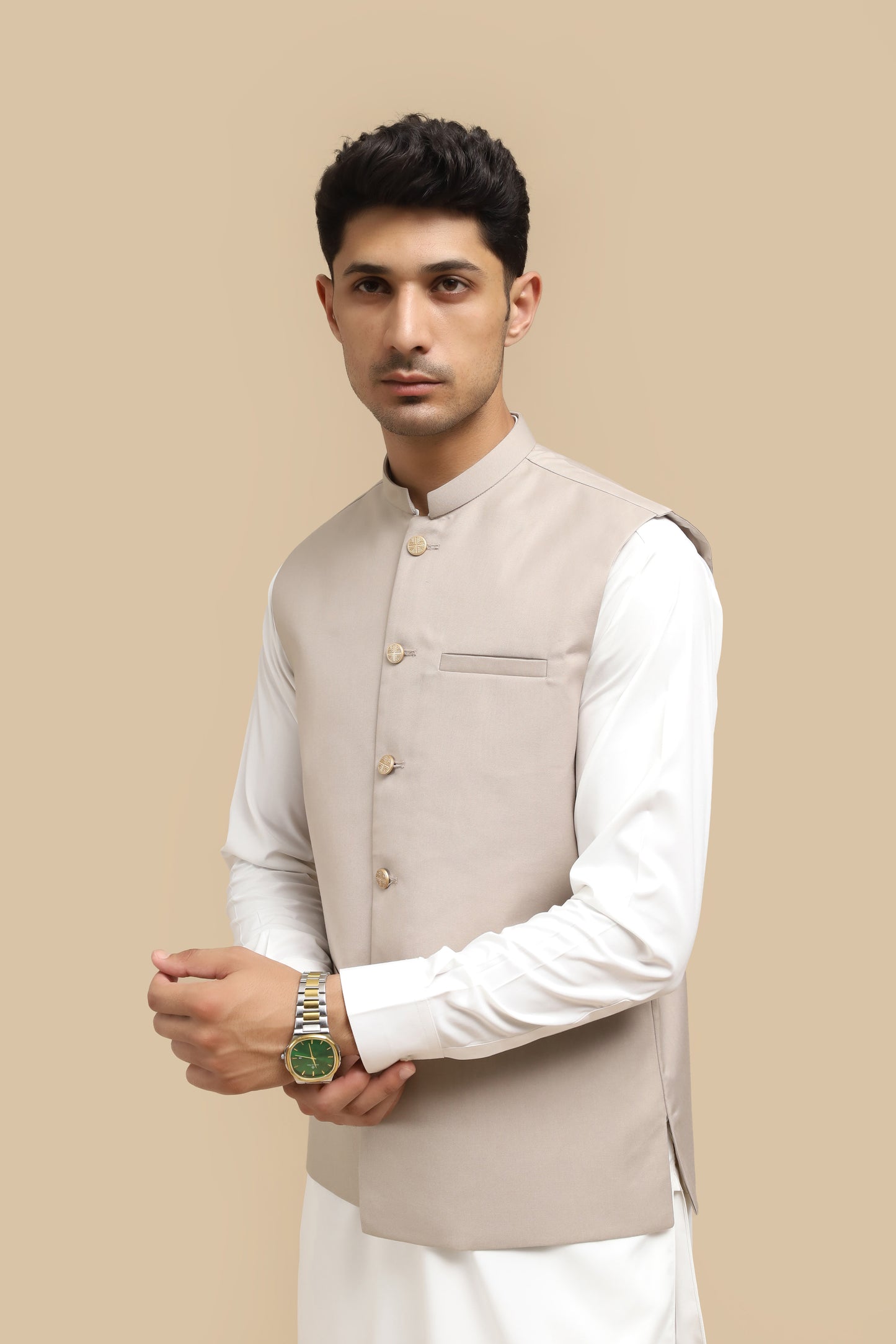 Off White Kurta Trouser with Beige Suiting Waistcoat - Straight Cut - Men