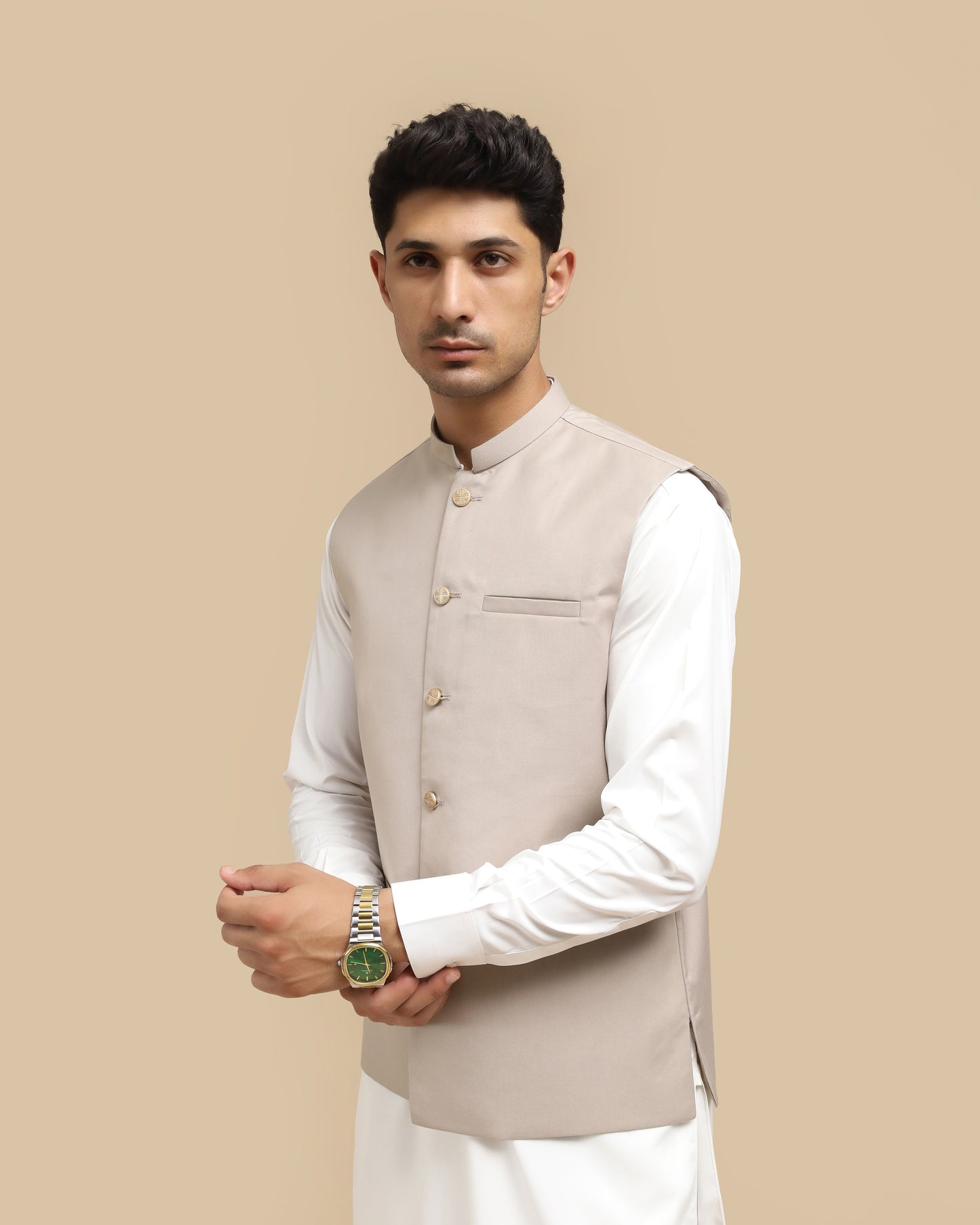 Beige Suiting Waistcoat - Straight Cut Buttoned - Men