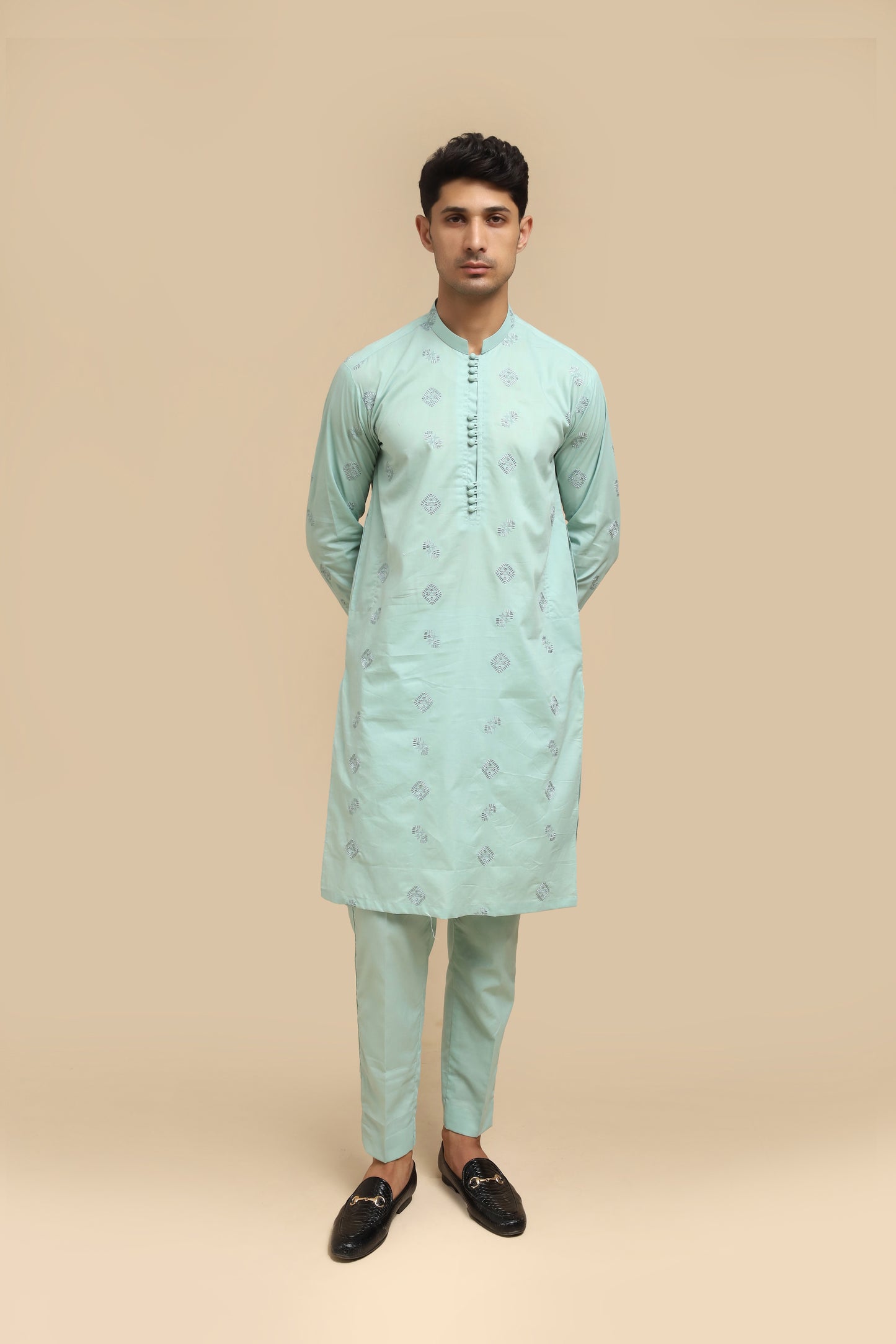 Sea Green Cotton Embroidered Kurta Trouser MED-2222 - Men