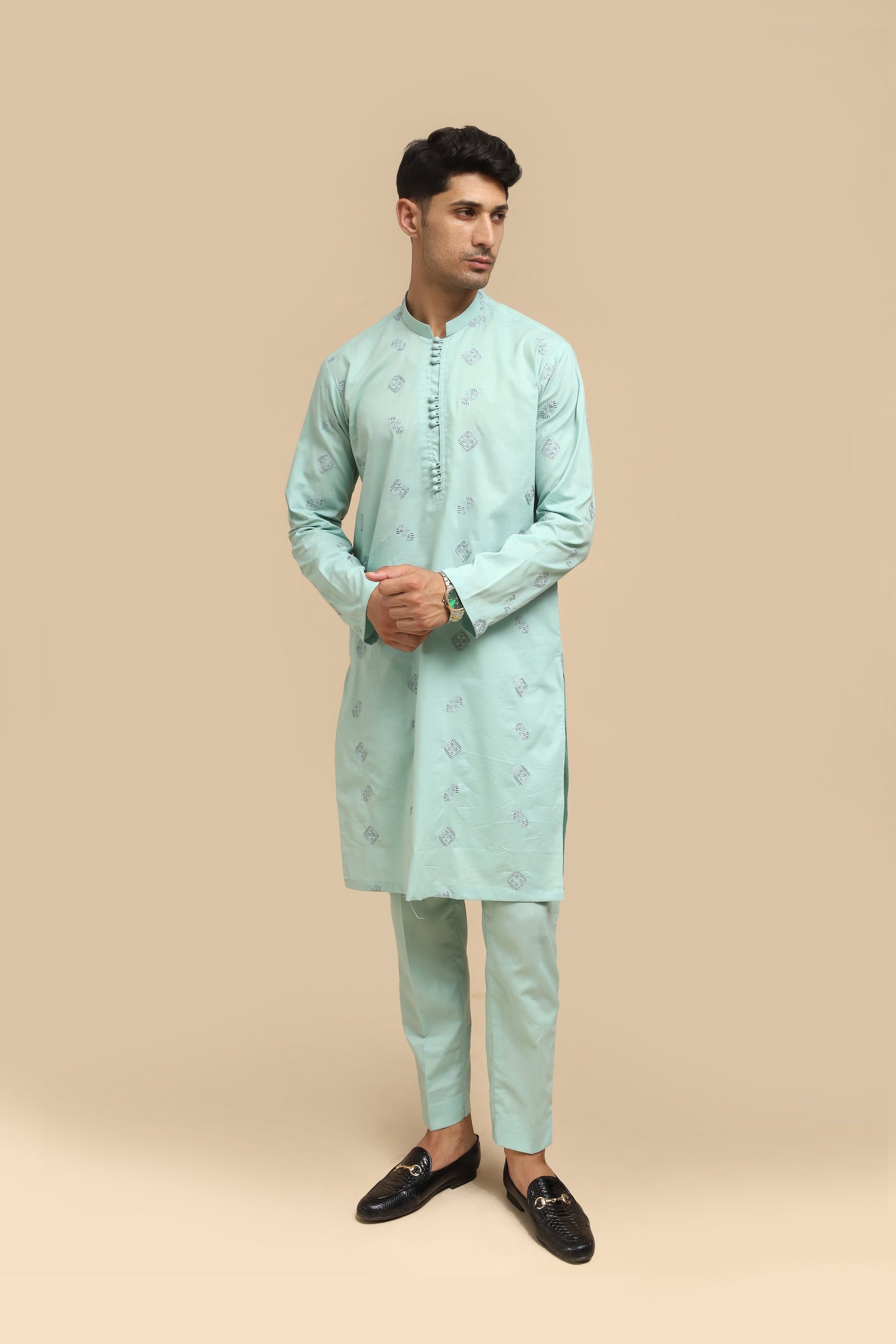 Sea Green Cotton Embroidered Kurta Trouser MED-2222 - Men