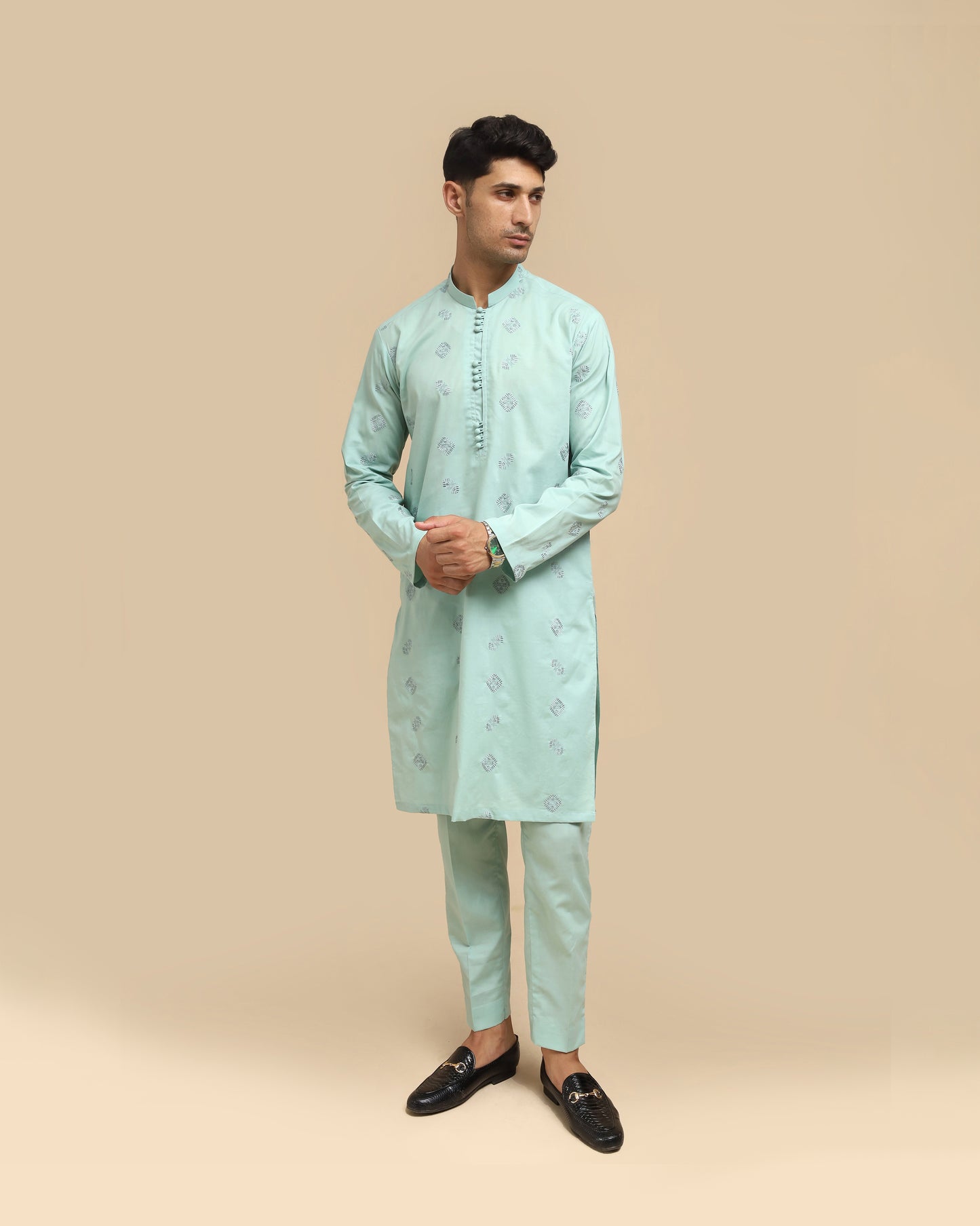 Sea Green Cotton Embroidered Kurta Trouser MED-2222 - Men