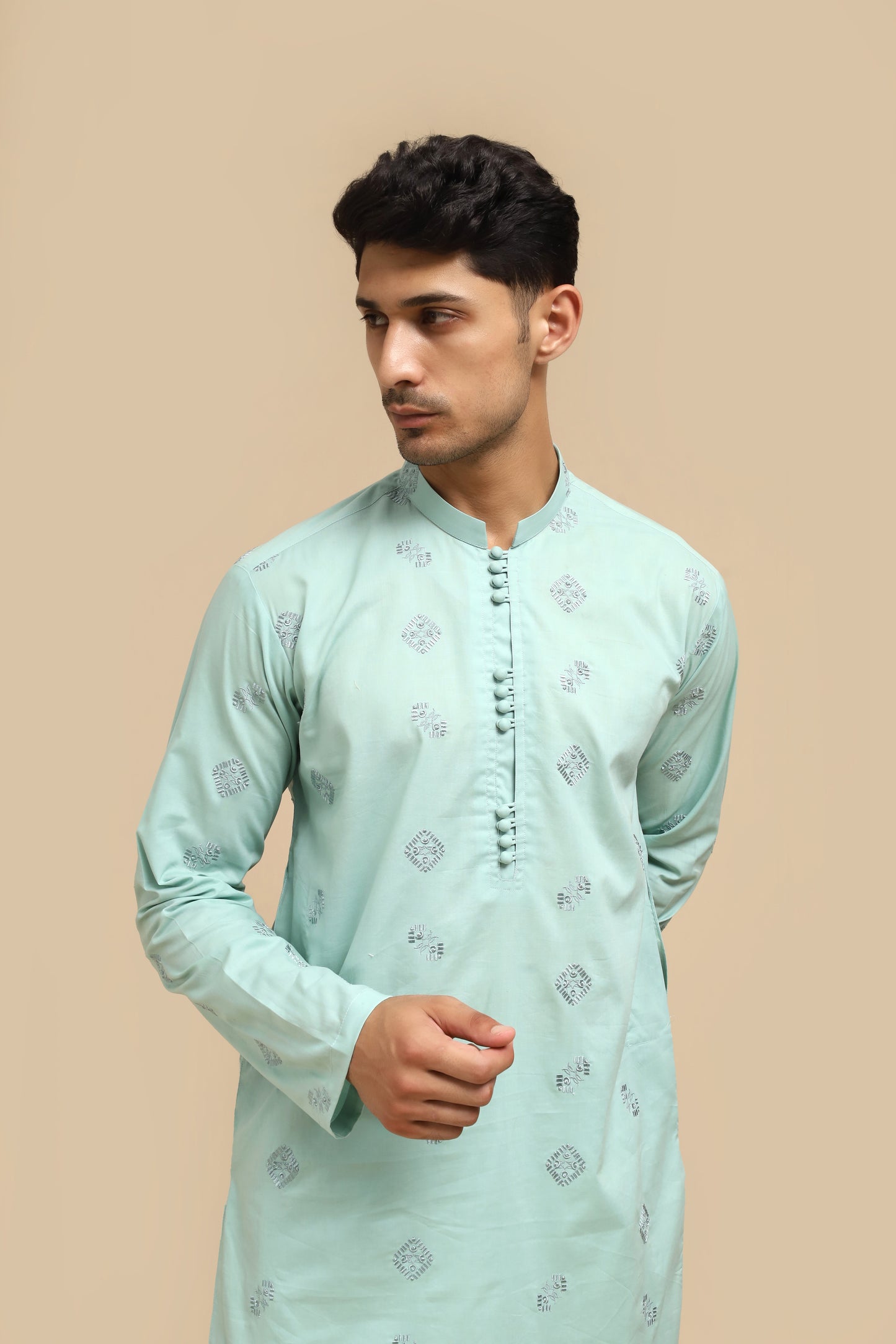 Sea Green Cotton Embroidered Kurta Trouser MED-2222 - Men