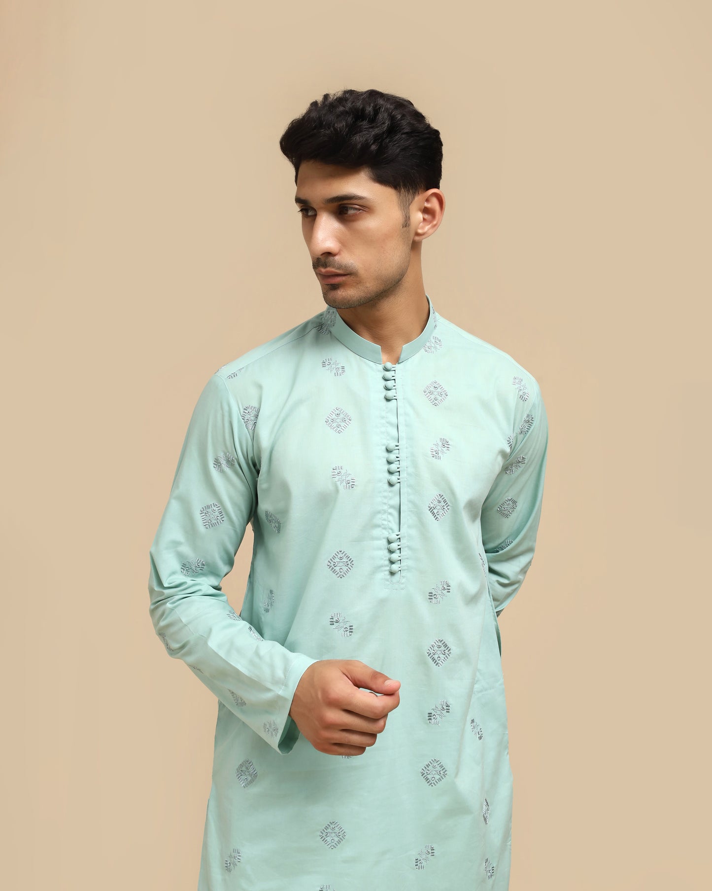 Sea Green Cotton Embroidered Kurta Trouser MED-2222 - Men