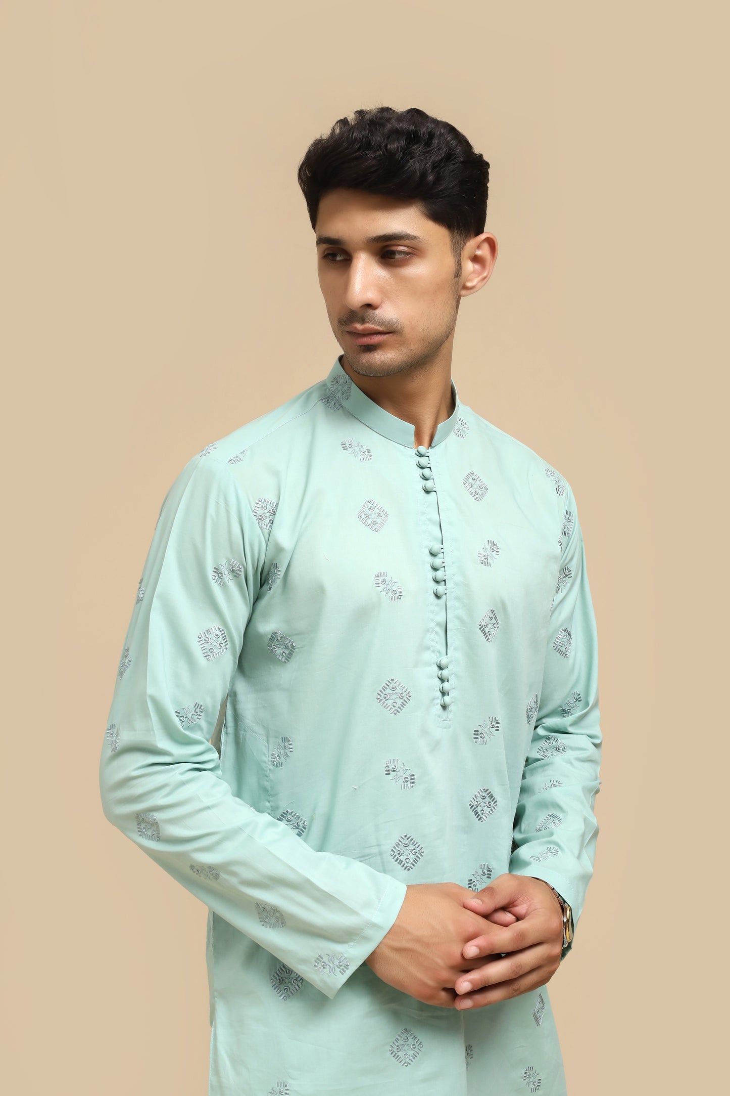 Sea Green Cotton Embroidered Kurta Trouser MED-2222 - Men