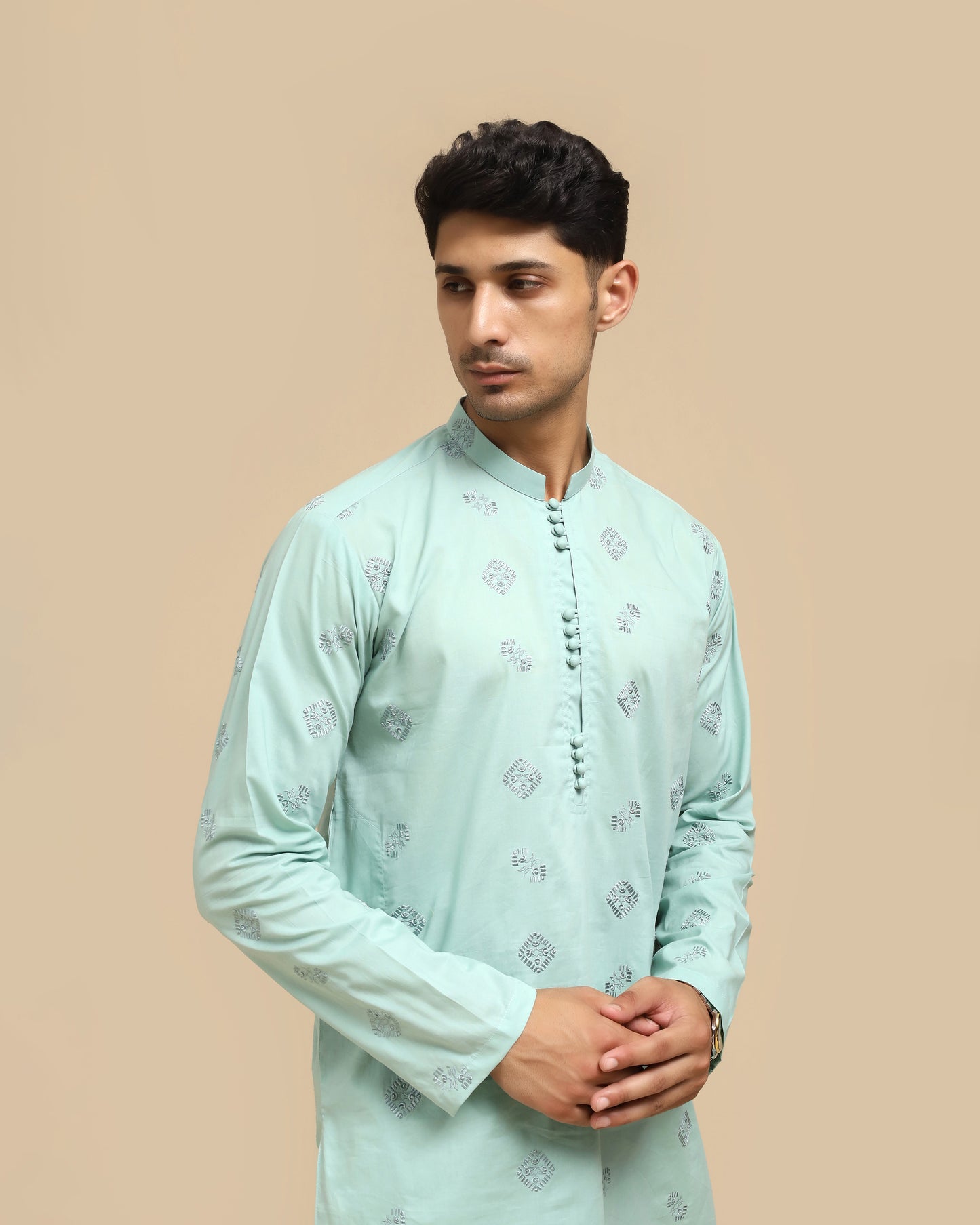 Sea Green Cotton Embroidered Kurta Trouser MED-2222 - Men