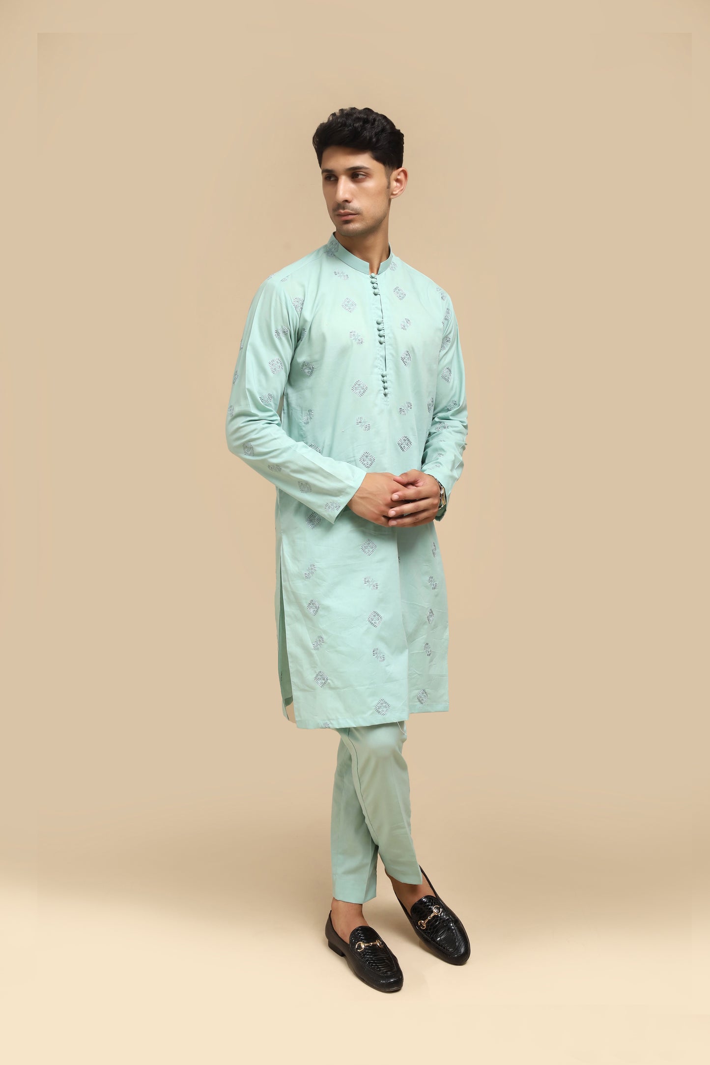 Sea Green Cotton Embroidered Kurta Trouser MED-2222 - Men