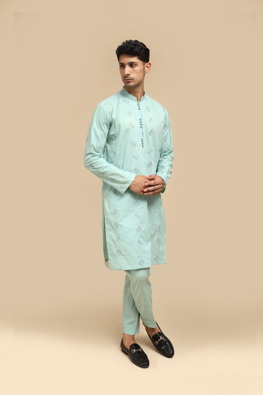 Sea Green Cotton Embroidered Kurta Trouser MED-2222 - Men