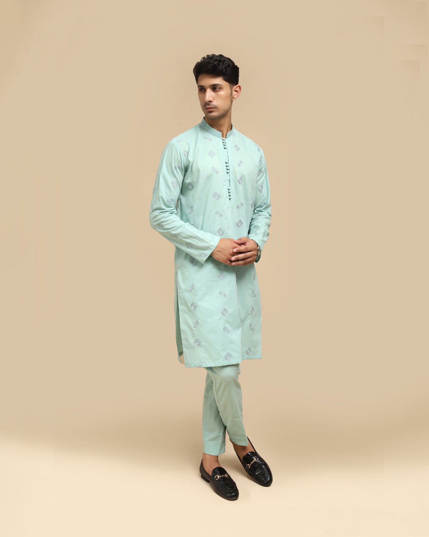 Sea Green Cotton Embroidered Kurta Trouser MED-2222 - Men