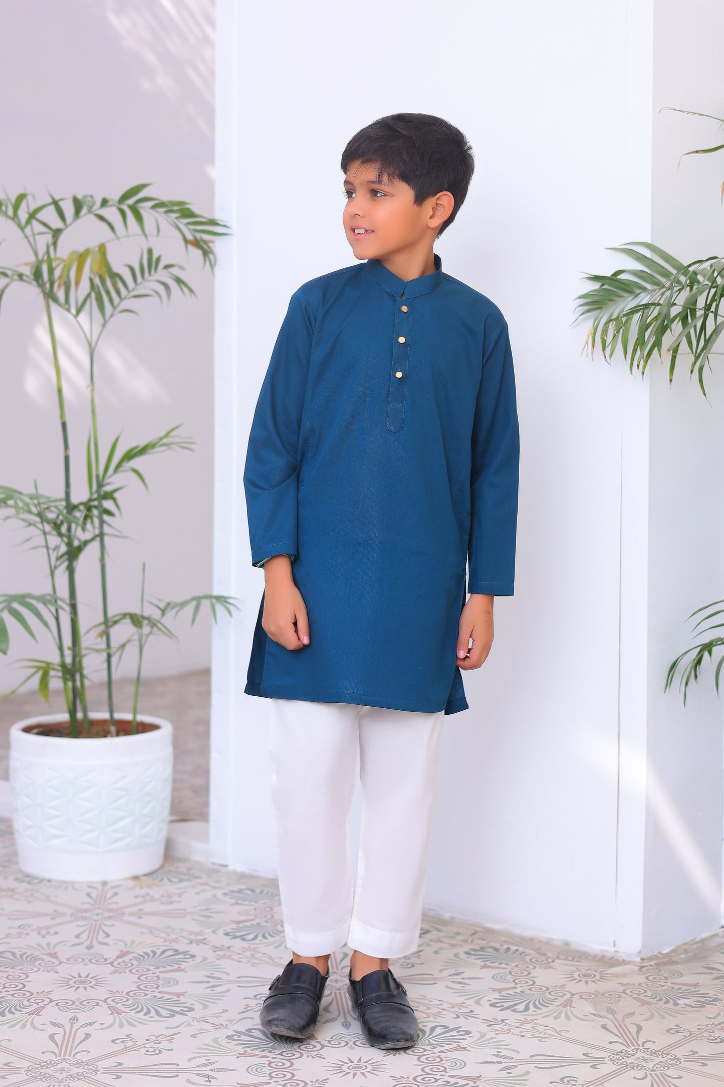 French Blue Cotton Kurta Trouser - Kids