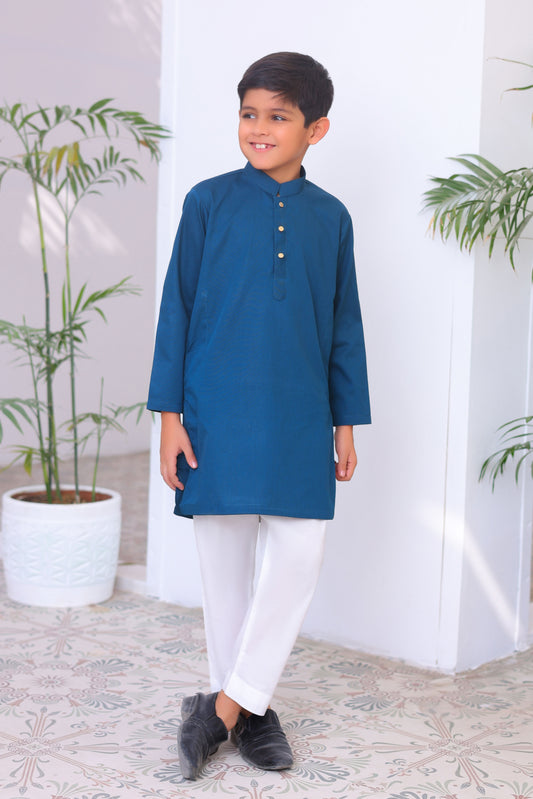 French Blue Cotton Kurta Trouser - Kids