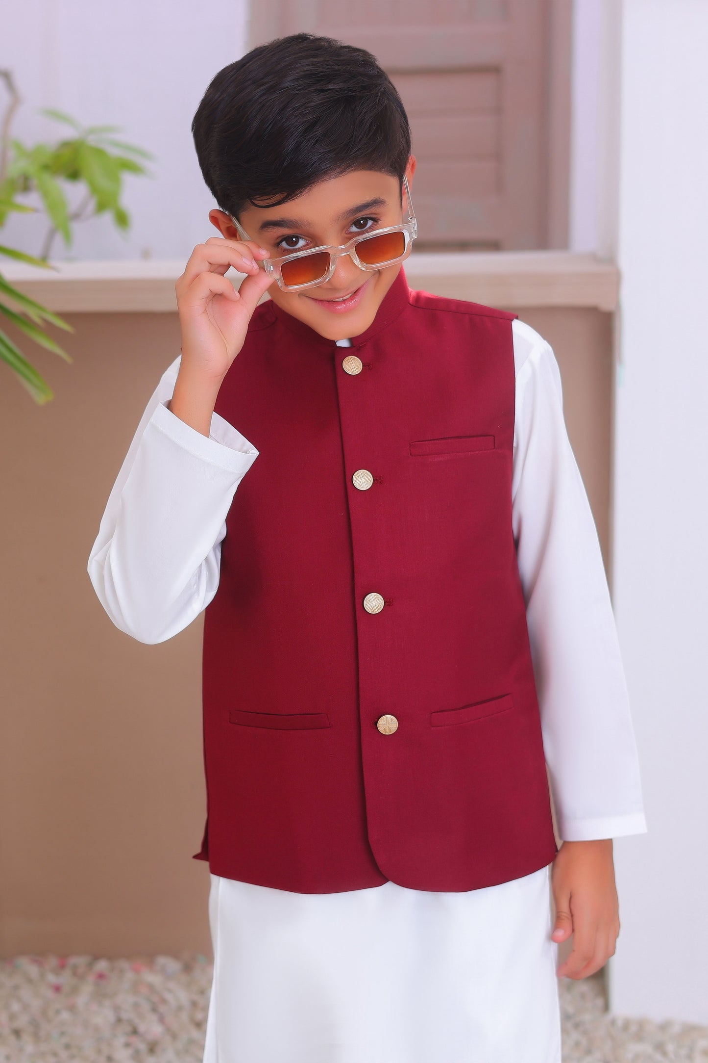 Off White Kurta Trouser with Maroon Suiting Waistcoat - Kids