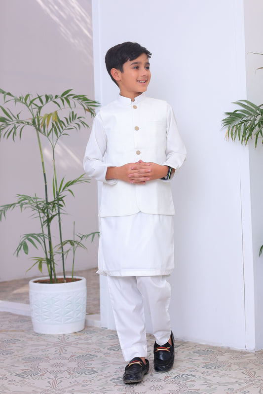 Off White Kurta Trouser with Suiting Waistcoat - Kids