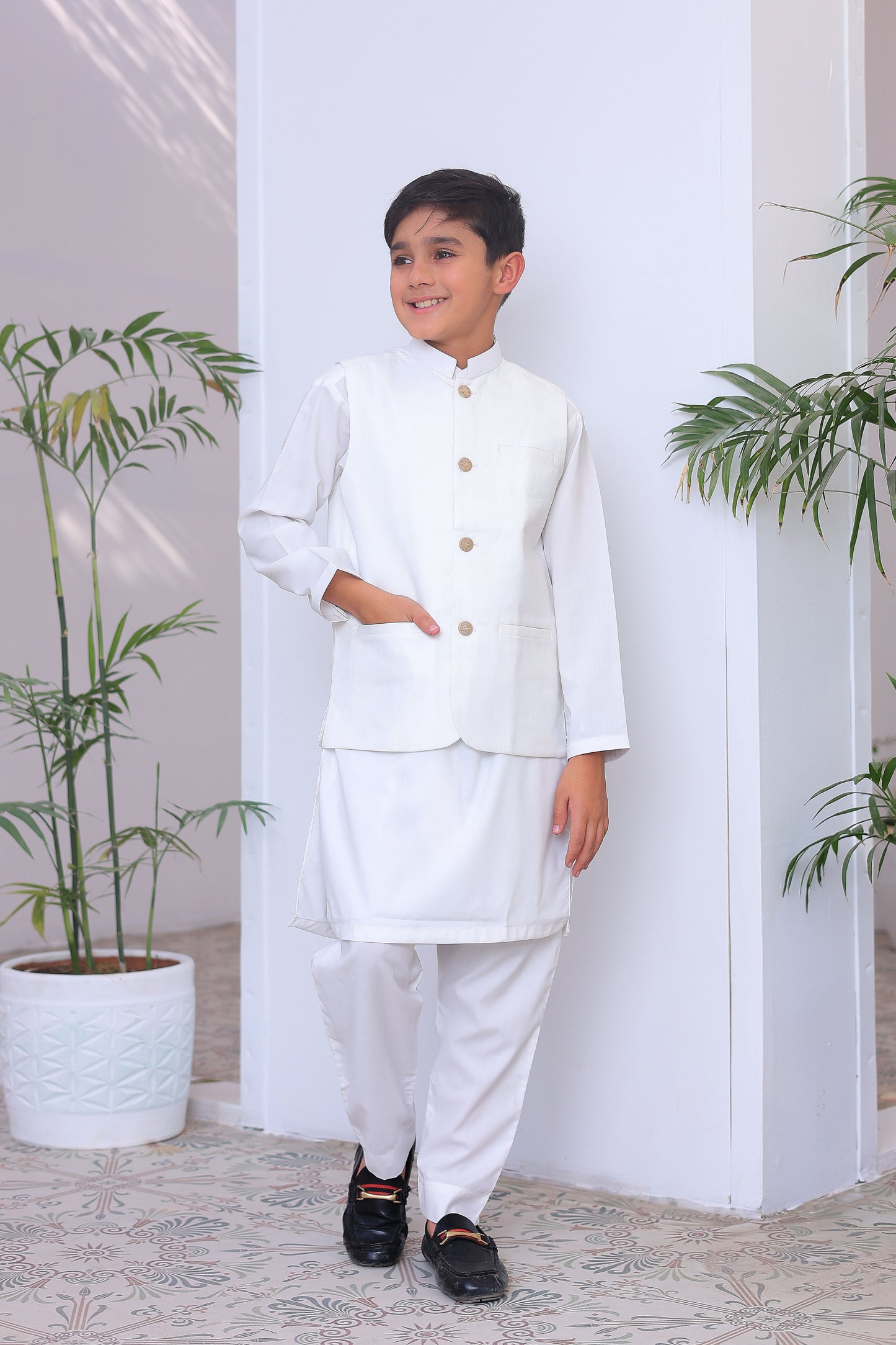 Off White Kurta Trouser with Suiting Waistcoat - Kids