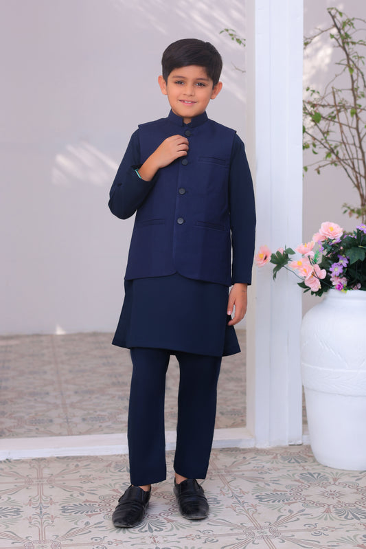 Navy Blue Kurta Trouser with Suiting Waistcoat - Kids