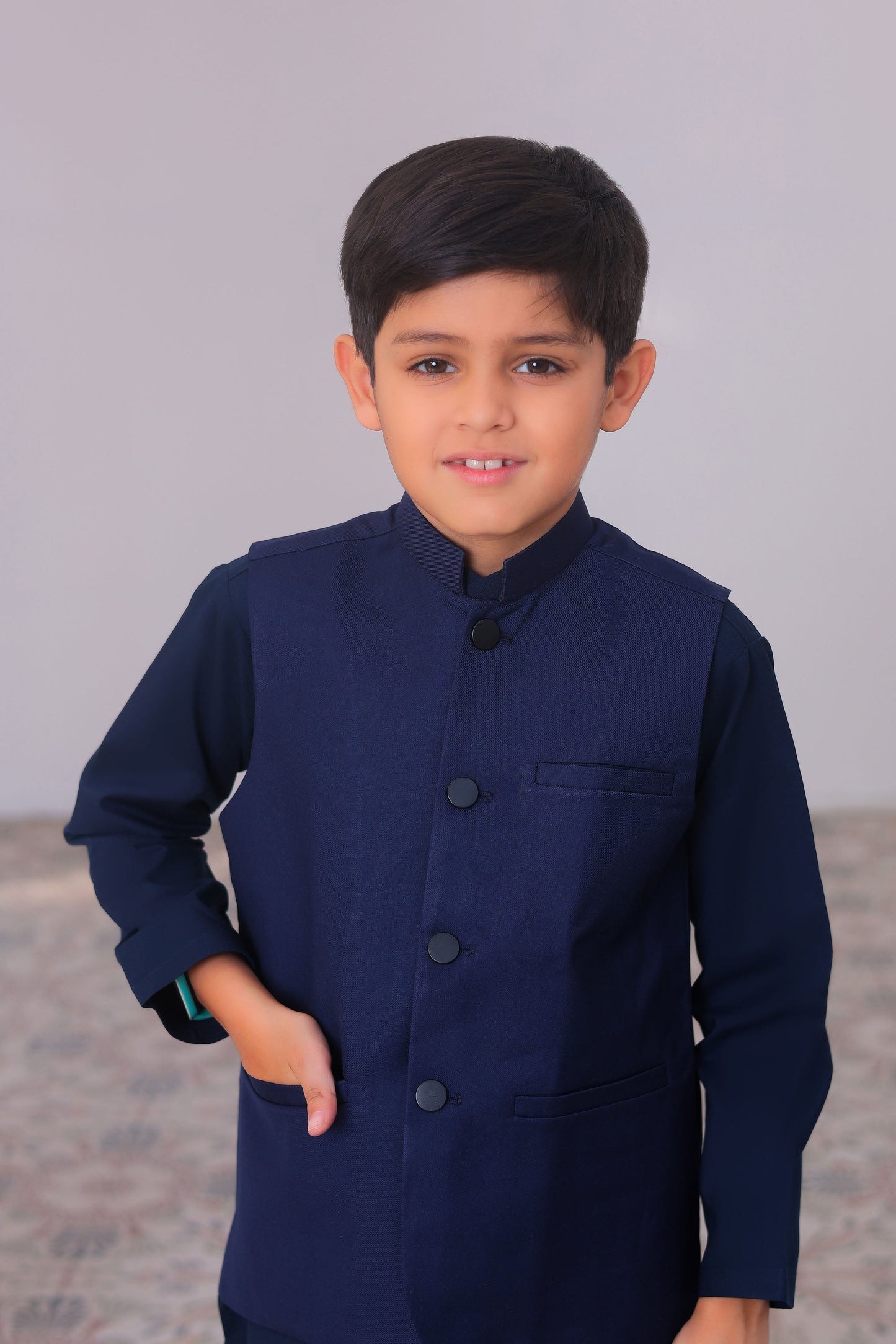 Navy Blue Kurta Trouser with Suiting Waistcoat - Kids