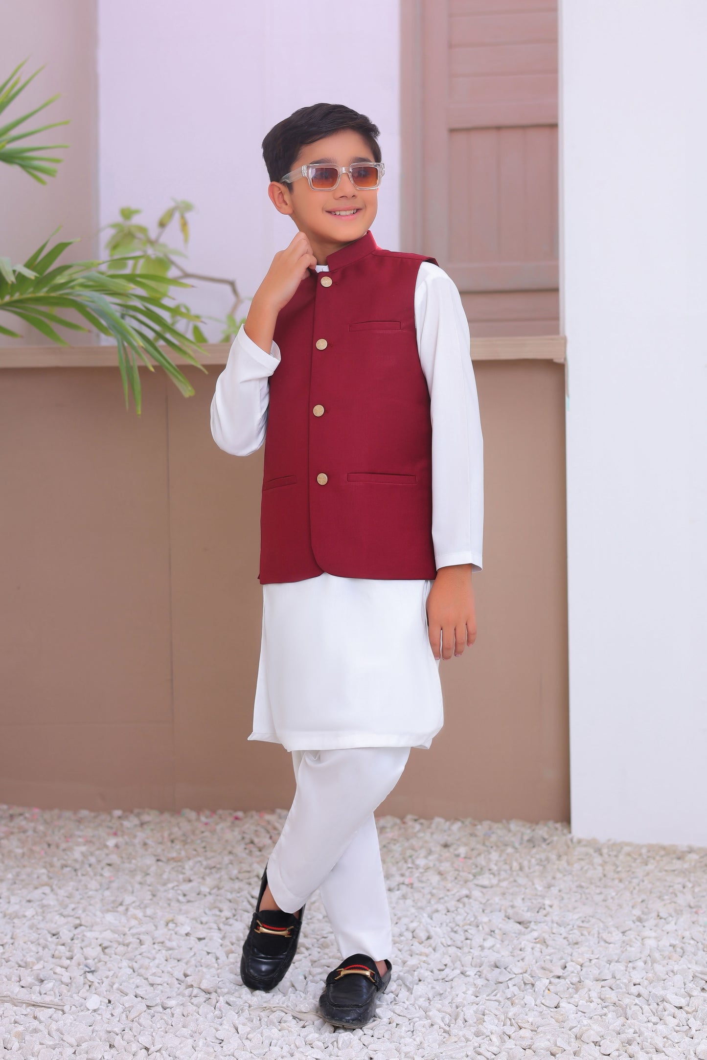 Off White Kurta Trouser with Maroon Suiting Waistcoat - Kids