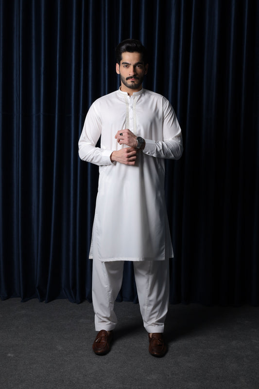 Off White Kameez Shalwar - Collar Neck Embroidered Edition - Men