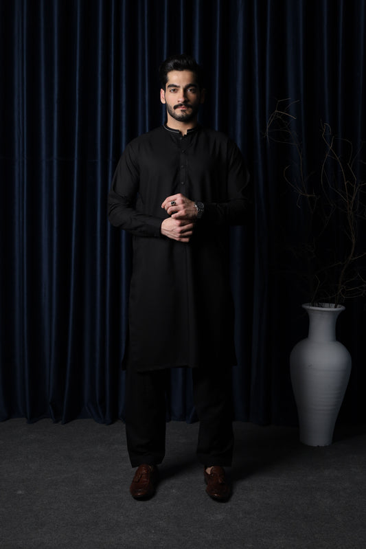 Black Kameez Shalwar - Collar Neck Embroidered Edition - Men