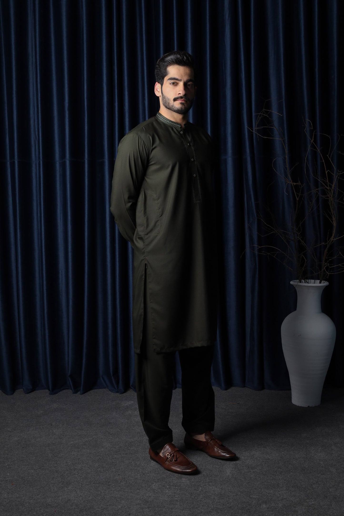 Army Green Kameez Shalwar - Collar Neck Embroidered Edition - Men