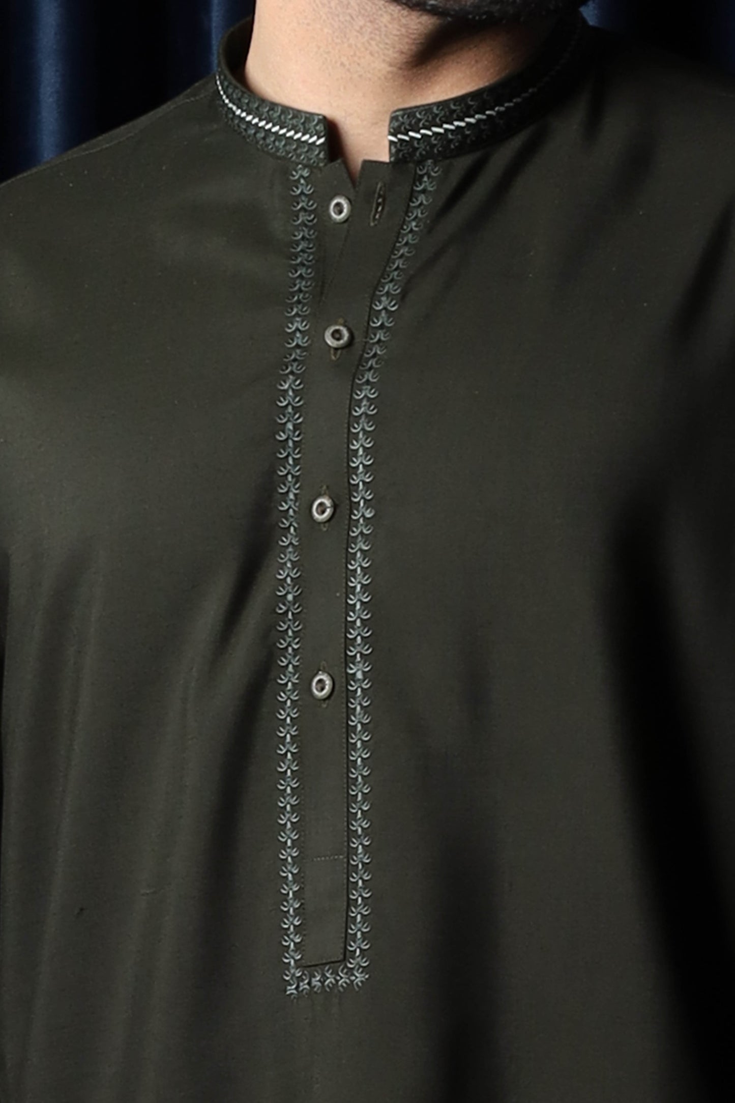 Army Green Kameez Shalwar - Collar Neck Embroidered Edition - Men