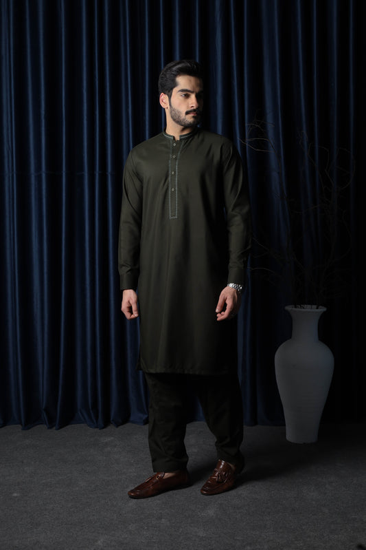 Army Green Kameez Shalwar - Collar Neck Embroidered Edition - Men