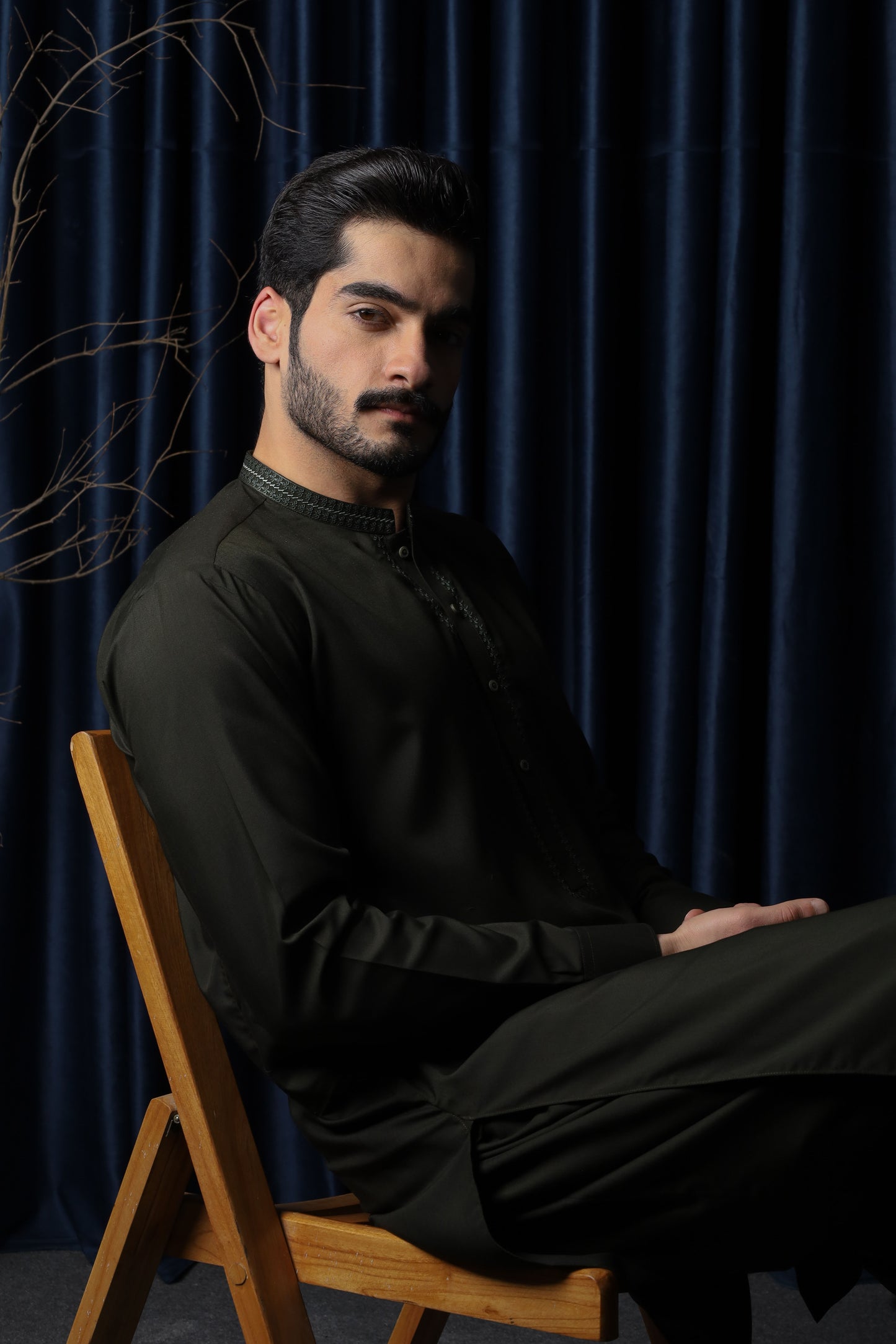 Army Green Kameez Shalwar - Collar Neck Embroidered Edition - Men