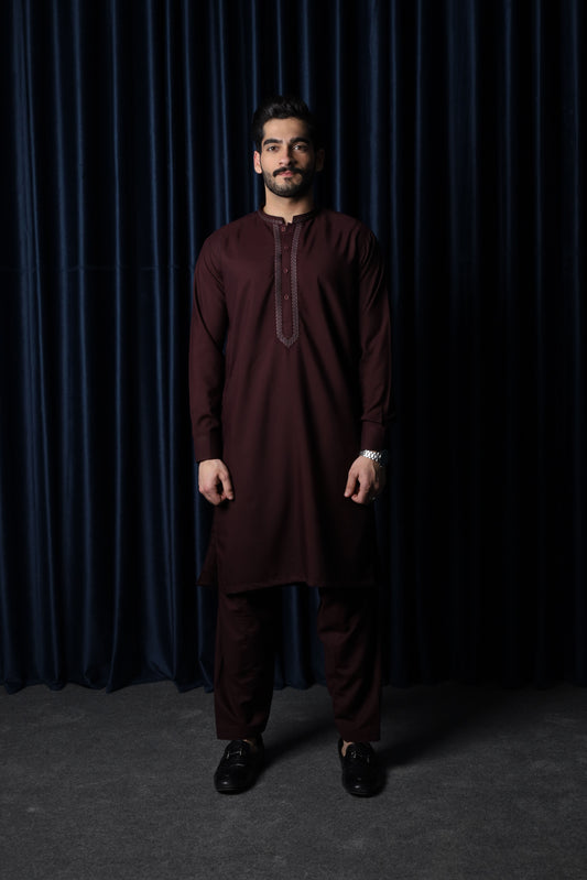 Dark Marron Kameez Shalwar - Collar Neck Embroidered Edition - Men