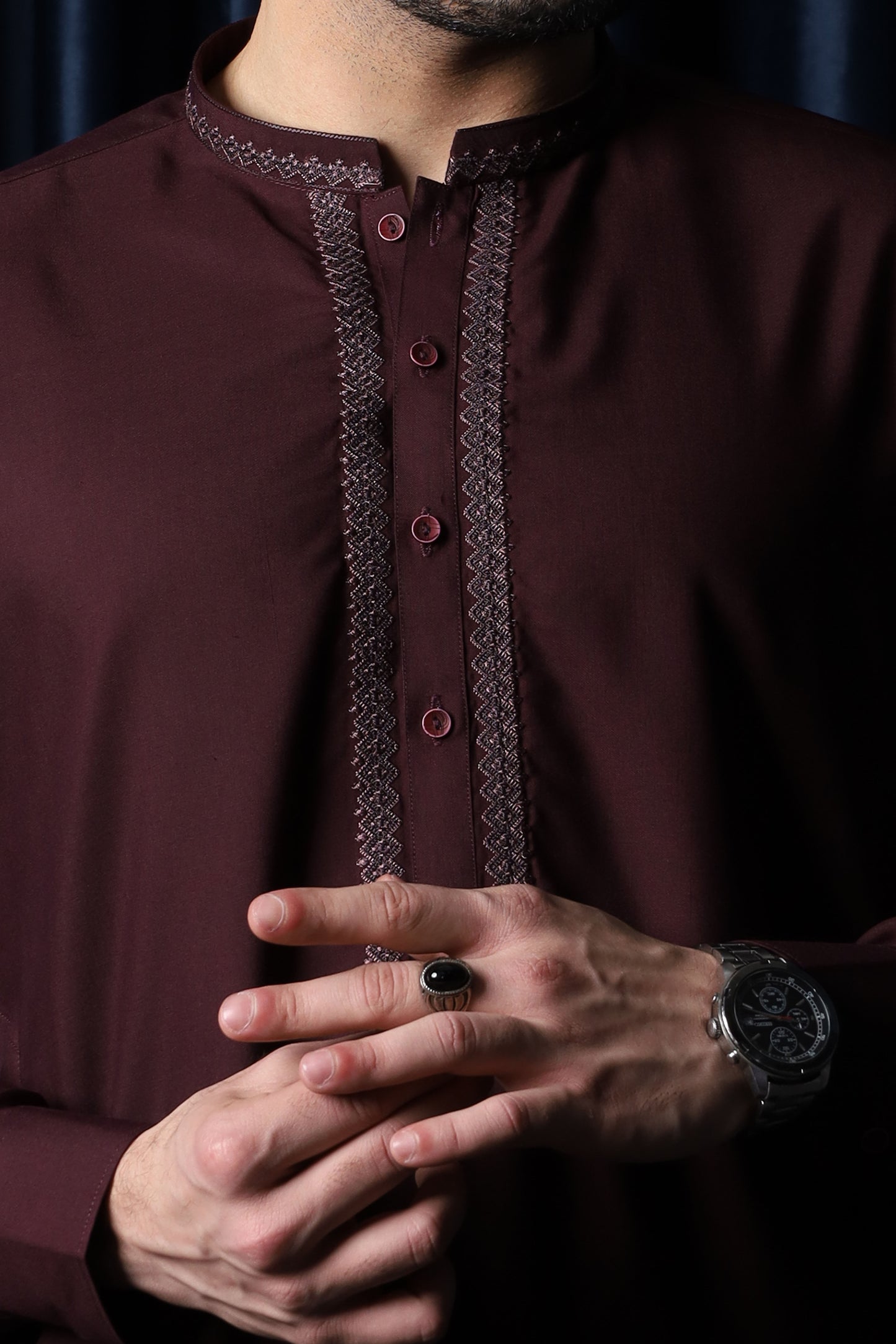 Dark Marron Kameez Shalwar - Collar Neck Embroidered Edition - Men