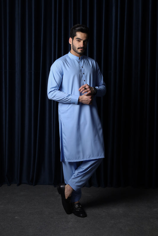 Sky Blue Blended Kameez Shalwar- Men