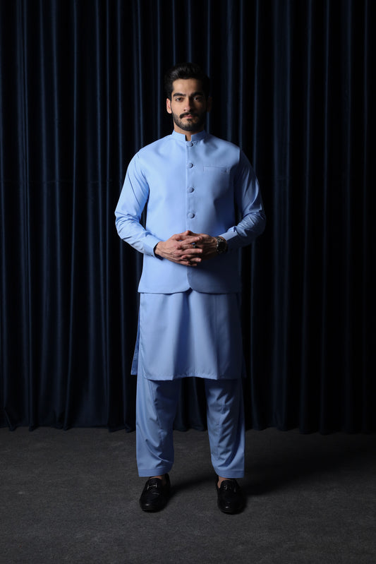 Sky Blue With Blended Waistcoat - Round Cut & Matching Fabric Buttons - Men
