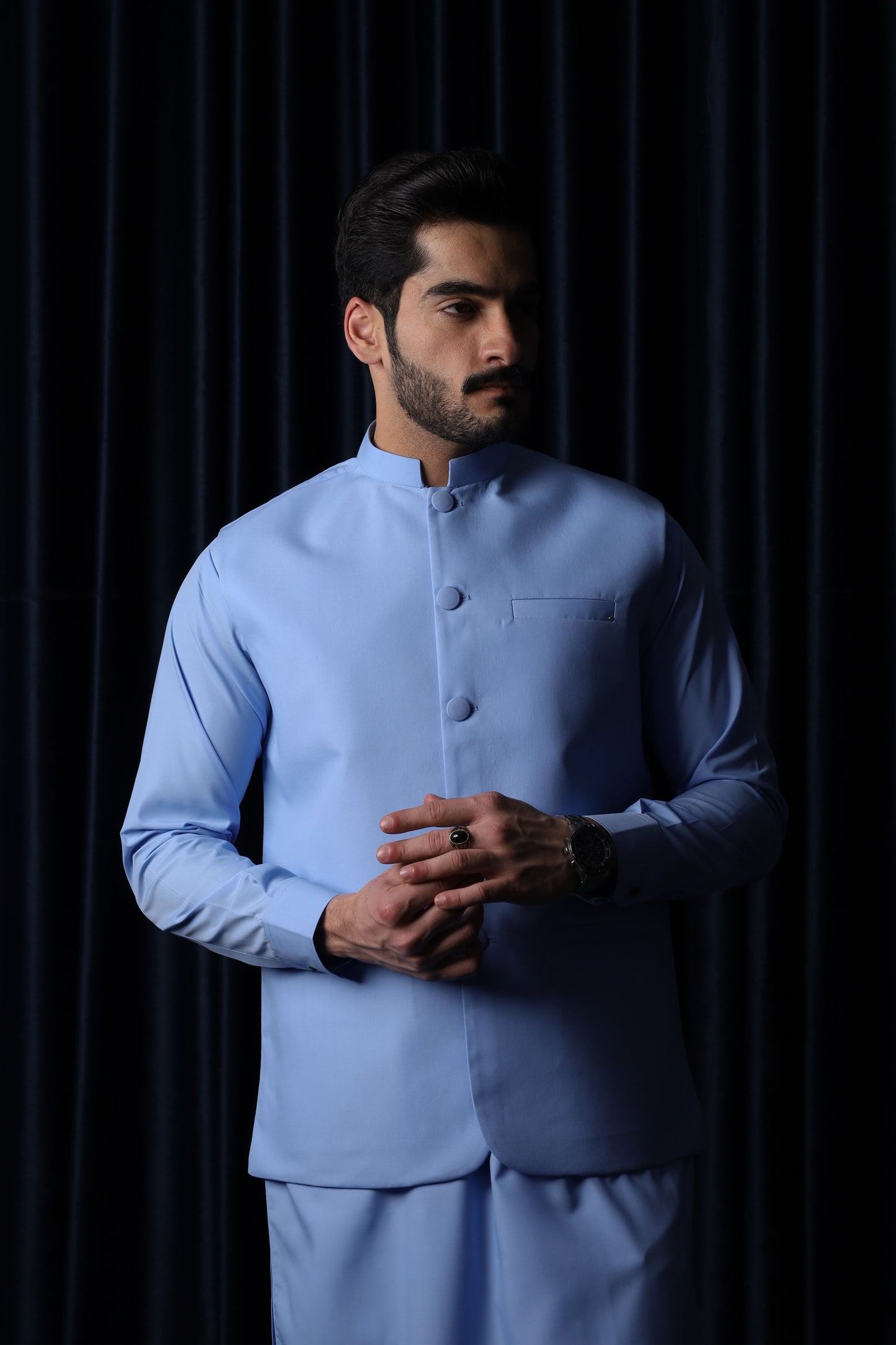 Sky Blue With Blended Waistcoat - Round Cut & Matching Fabric Buttons - Men