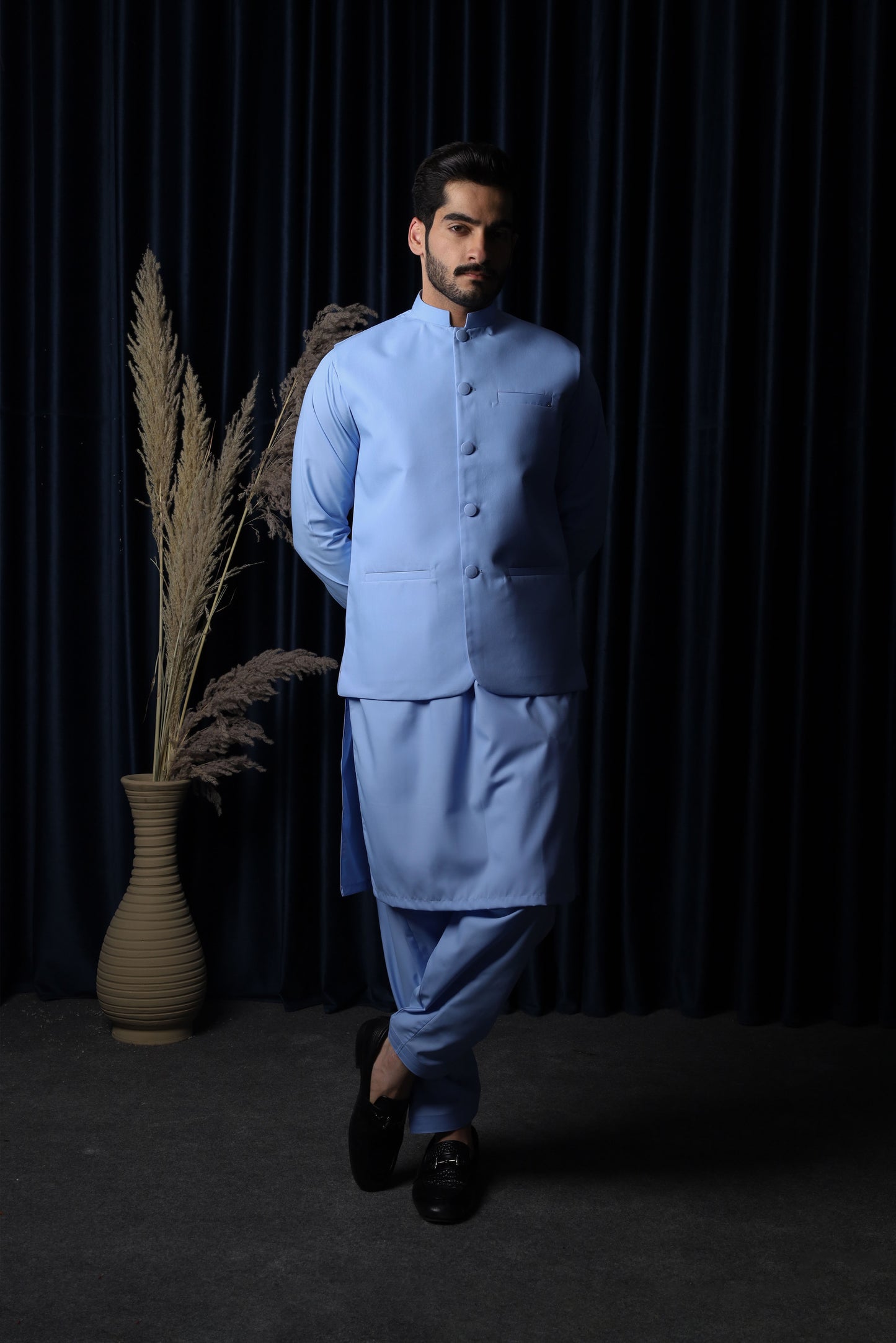 Sky Blue With Blended Waistcoat - Round Cut & Matching Fabric Buttons - Men