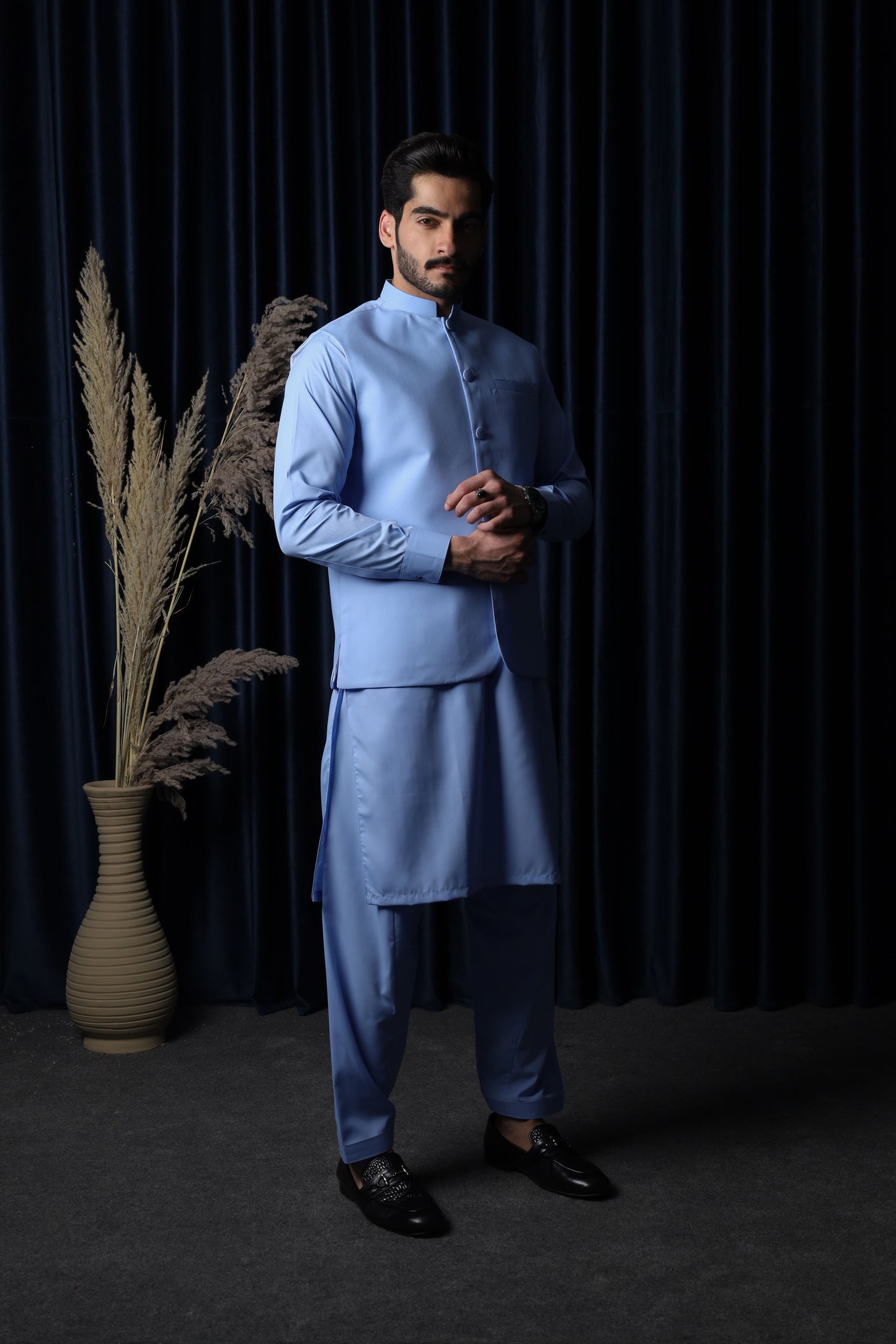 Sky Blue With Blended Waistcoat - Round Cut & Matching Fabric Buttons - Men