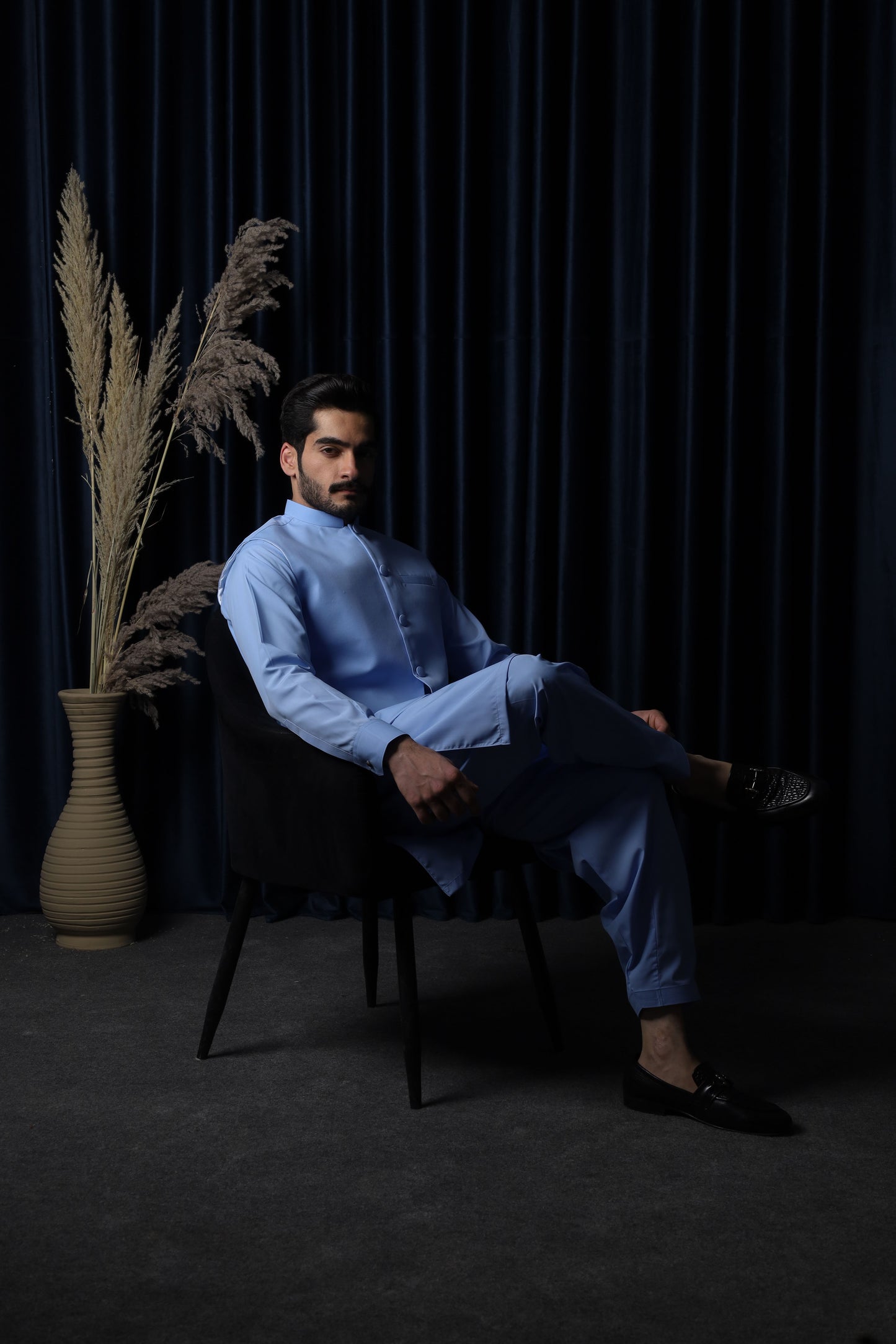 Sky Blue With Blended Waistcoat - Round Cut & Matching Fabric Buttons - Men