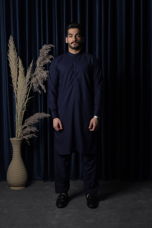 Navy Blue Blended Kameez Shalwar - Men