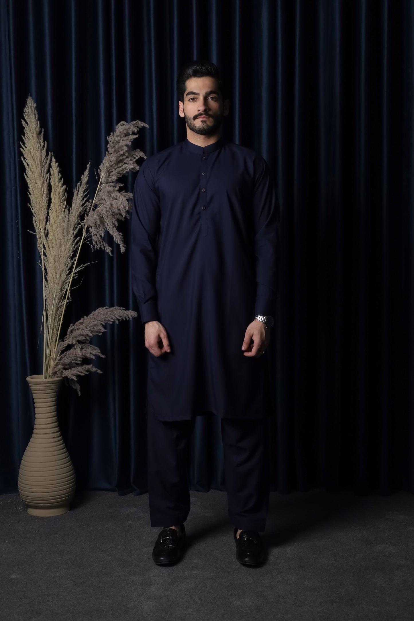 Navy Blue Blended Kameez Shalwar - Men