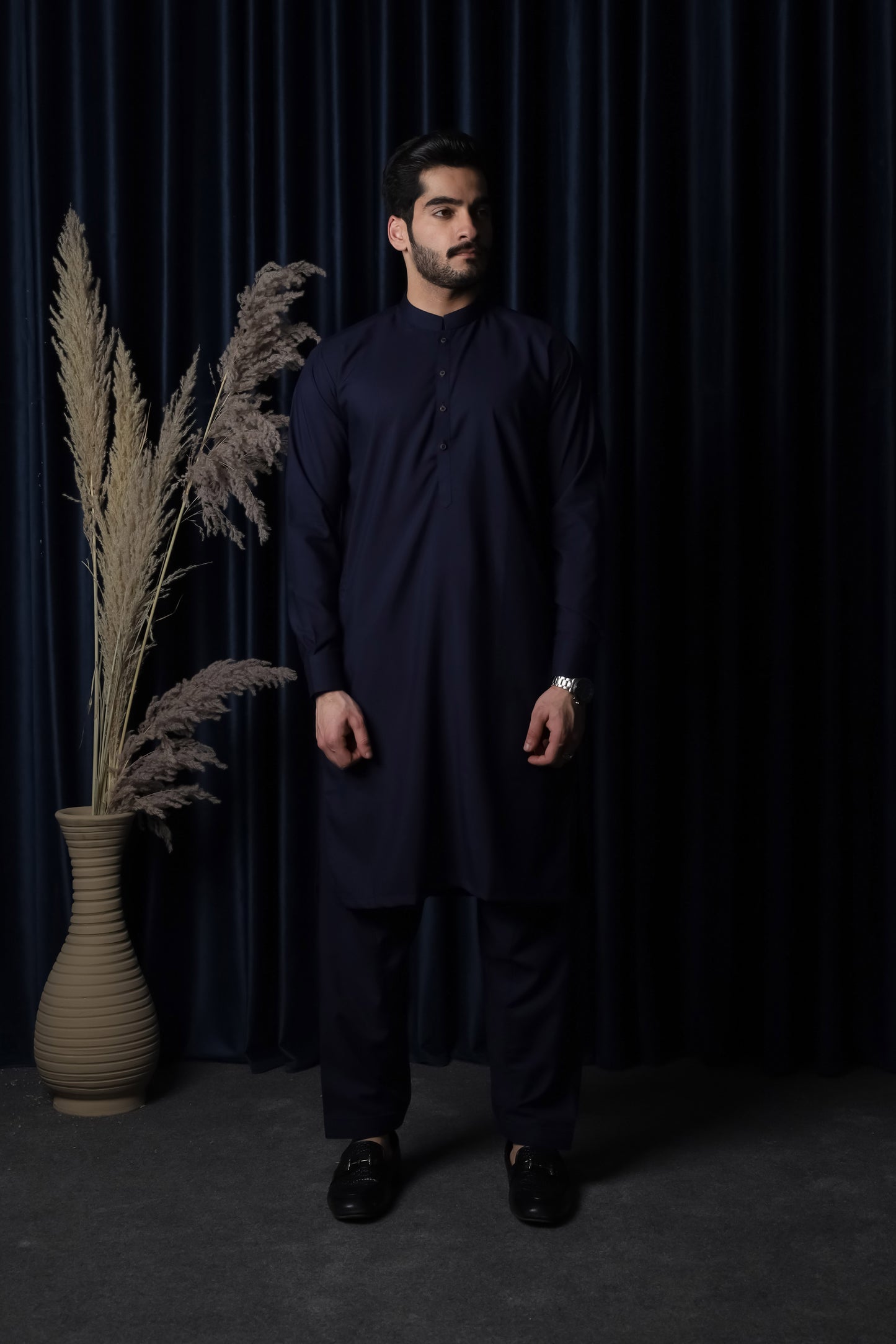 Navy Blue Blended Kameez Shalwar - Men