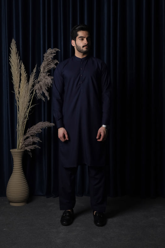 Navy Blue Blended Kameez Shalwar - Men