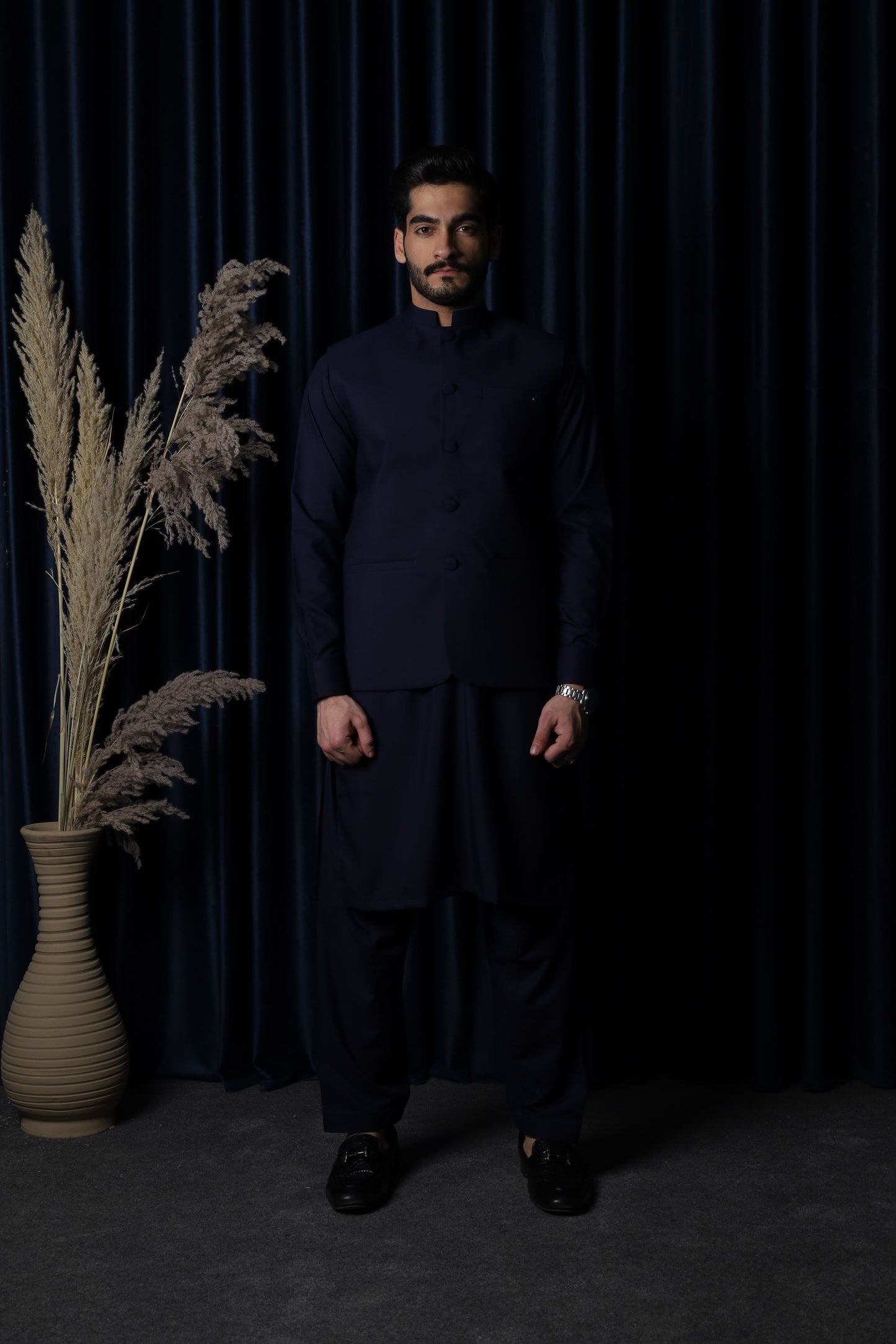 Navy Blue With Blended Waistcoat - Round Cut & Matching Fabric Buttons - Men