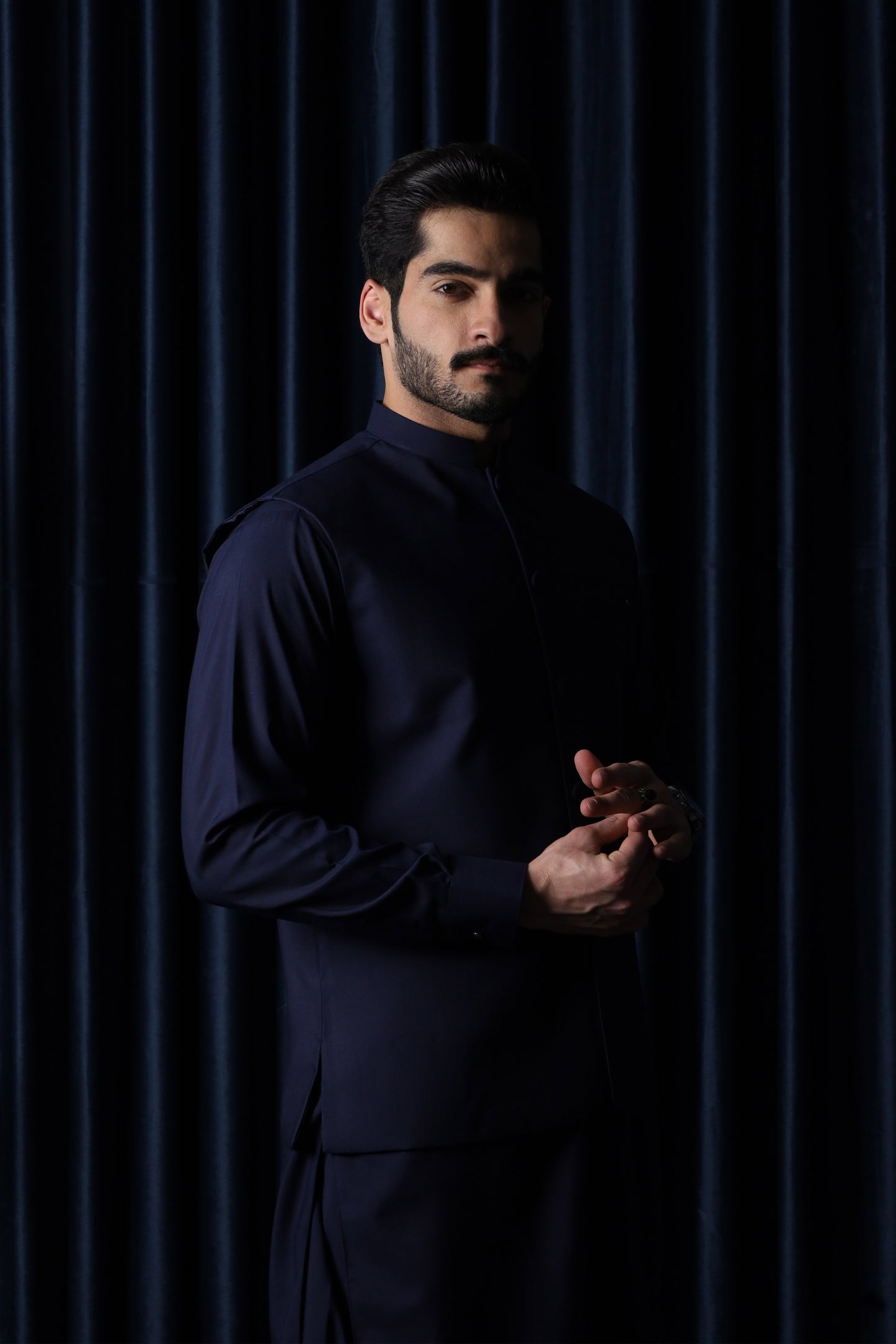 Navy Blue With Blended Waistcoat - Round Cut & Matching Fabric Buttons - Men