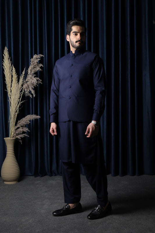 Navy Blue With Blended Waistcoat - Round Cut & Matching Fabric Buttons - Men